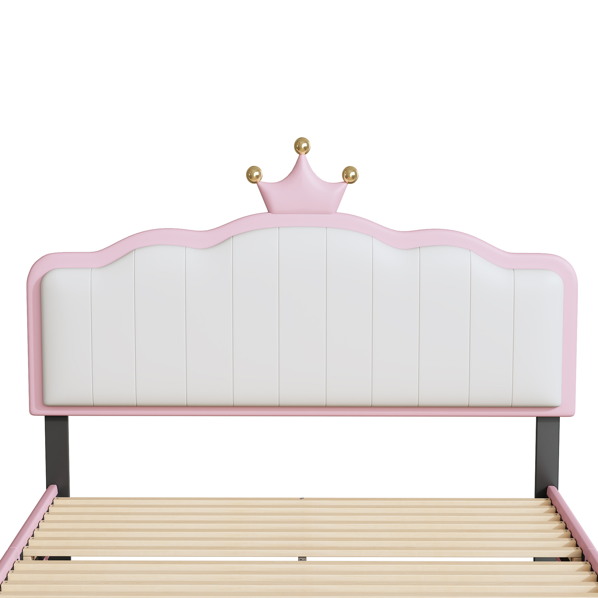 Full size Upholstered Princess Bed With Crown Headboard,Full Size Platform Bed with Headboard and Footboard with Light Strips,Golden Metal Legs, White+Pink