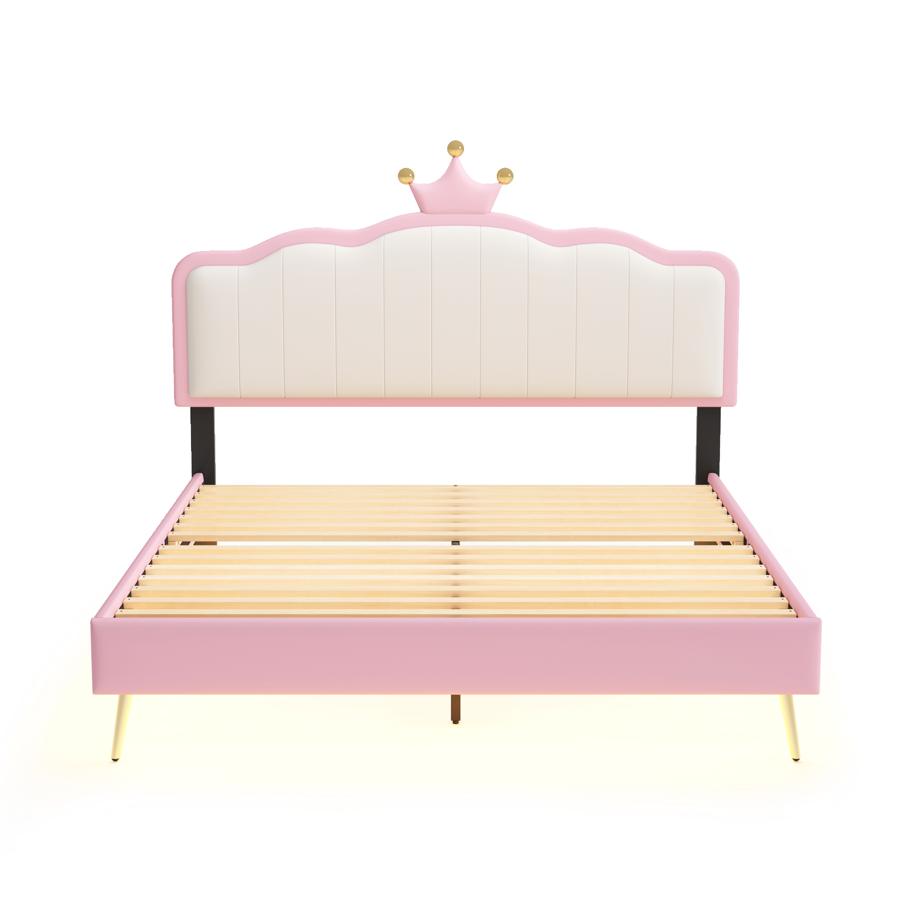 Full size Upholstered Princess Bed With Crown Headboard,Full Size Platform Bed with Headboard and Footboard with Light Strips,Golden Metal Legs, White+Pink