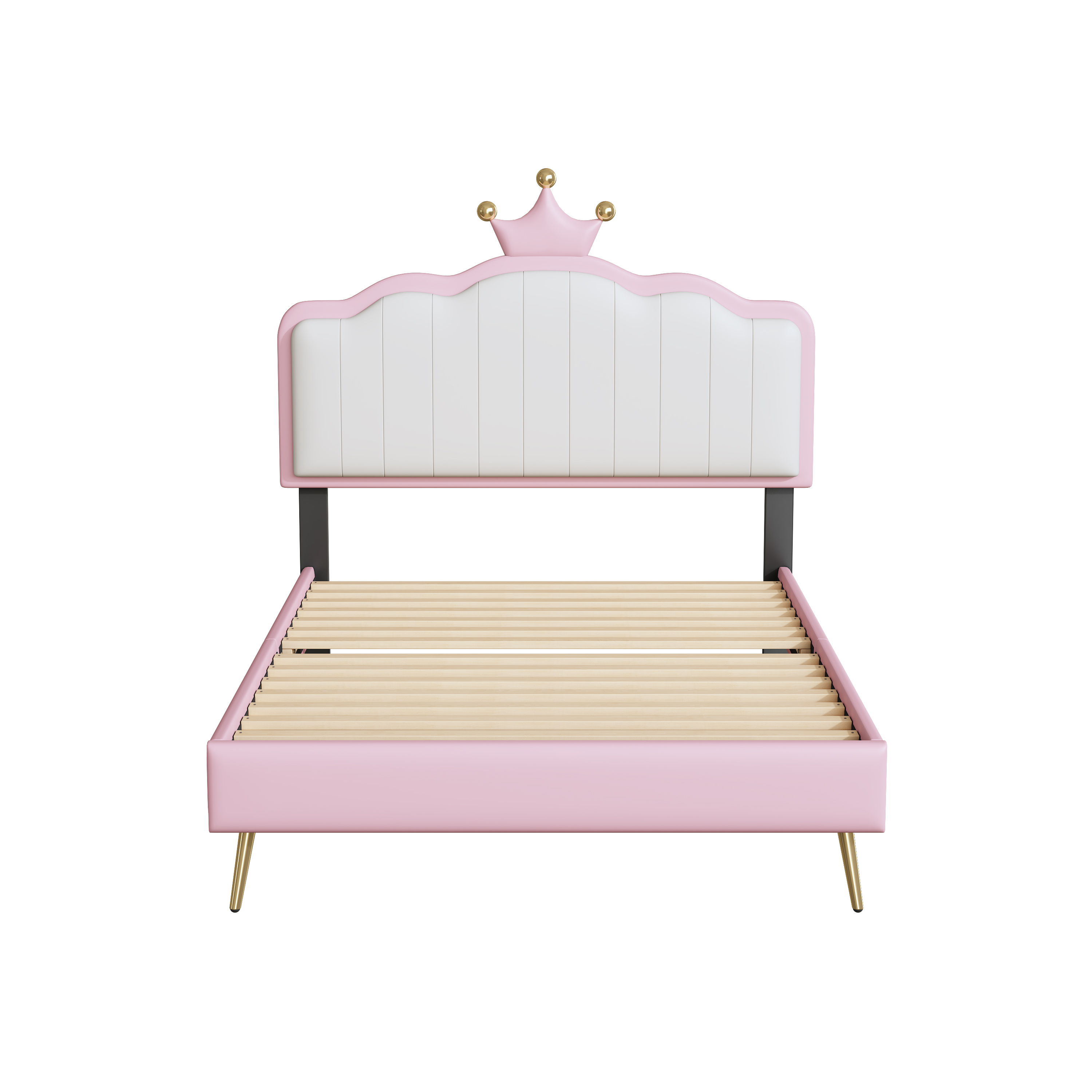 Twin size Upholstered Princess Bed With Crown Headboard,Twin Size Platform Bed with Headboard and Footboard with Light Strips,Golden Metal Legs, White+Pink