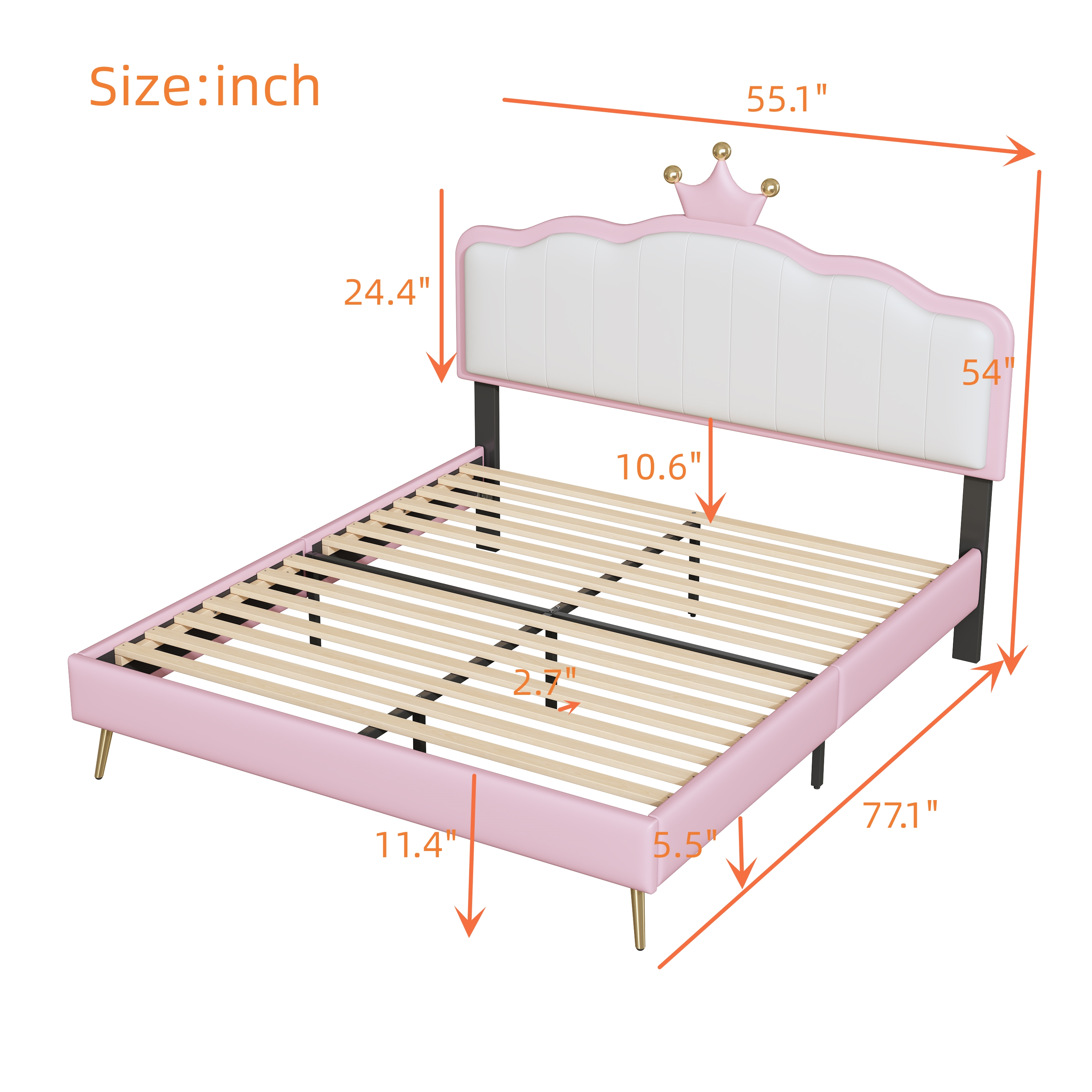 Full size Upholstered Princess Bed With Crown Headboard,Full Size Platform Bed with Headboard and Footboard with Light Strips,Golden Metal Legs, White+Pink