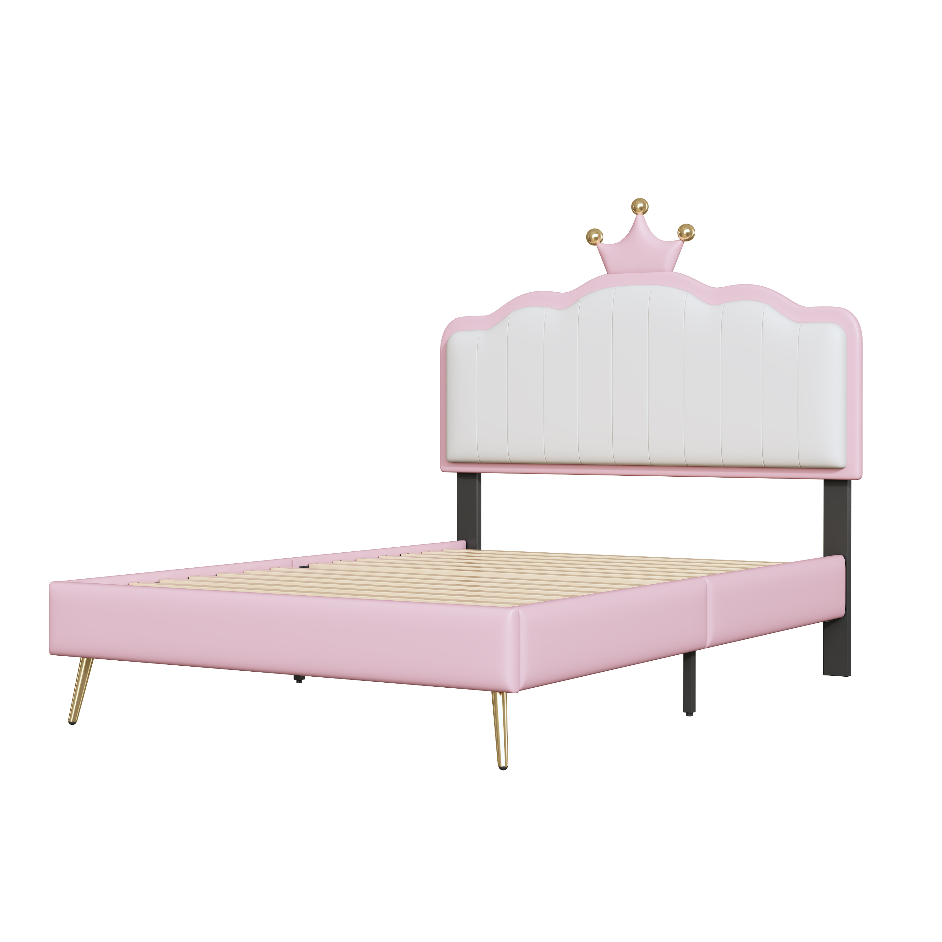 Twin size Upholstered Princess Bed With Crown Headboard,Twin Size Platform Bed with Headboard and Footboard with Light Strips,Golden Metal Legs, White+Pink