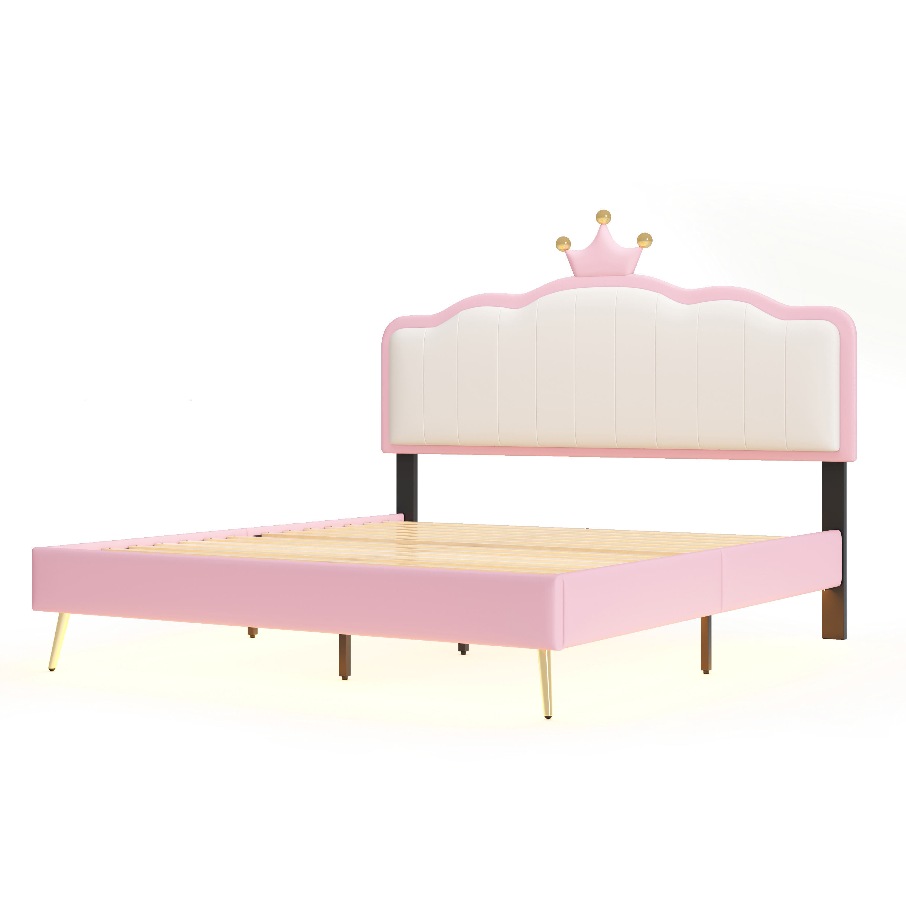 Full size Upholstered Princess Bed With Crown Headboard,Full Size Platform Bed with Headboard and Footboard with Light Strips,Golden Metal Legs, White+Pink