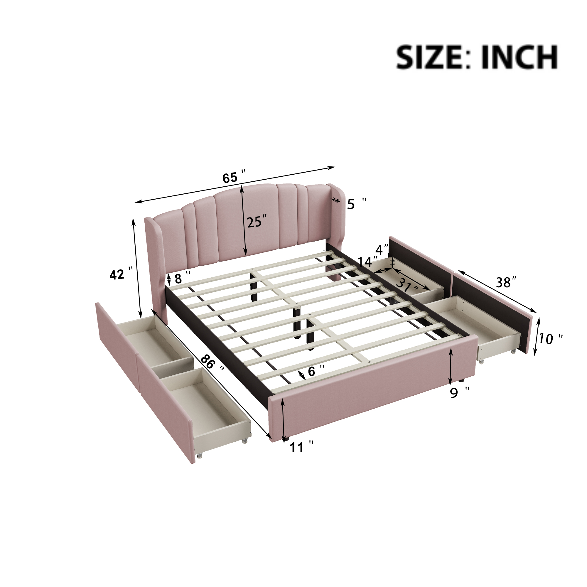 Upholstered Platform Bed with Wingback Headboard and 4 Drawers, No Box Spring Needed, Linen Fabric, Queen Size Pink