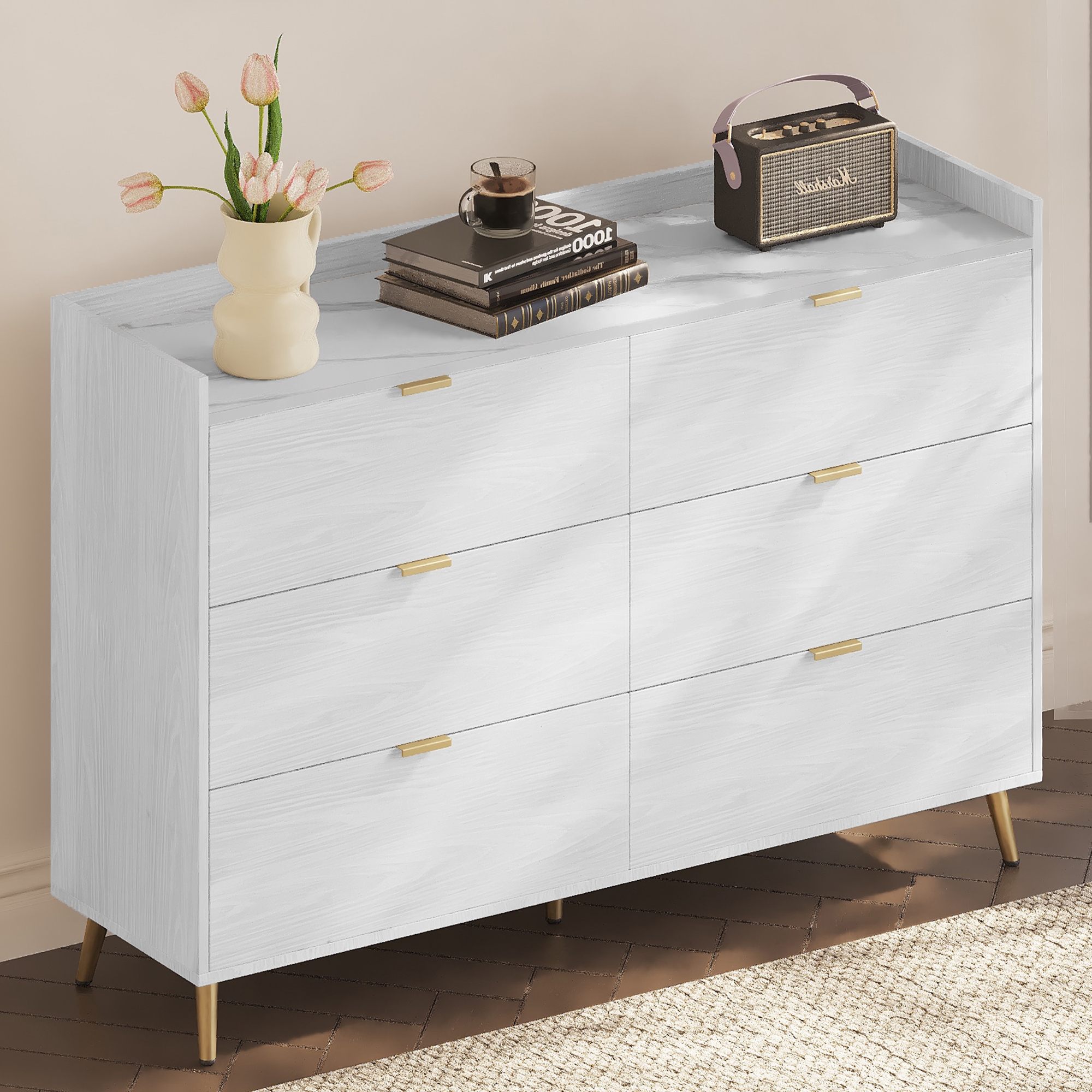 55" Long 6 Drawer Dresser with Marbling Worktop, Mordern Storage Cabinet with Metal Leg and Handle for Bedroom, White