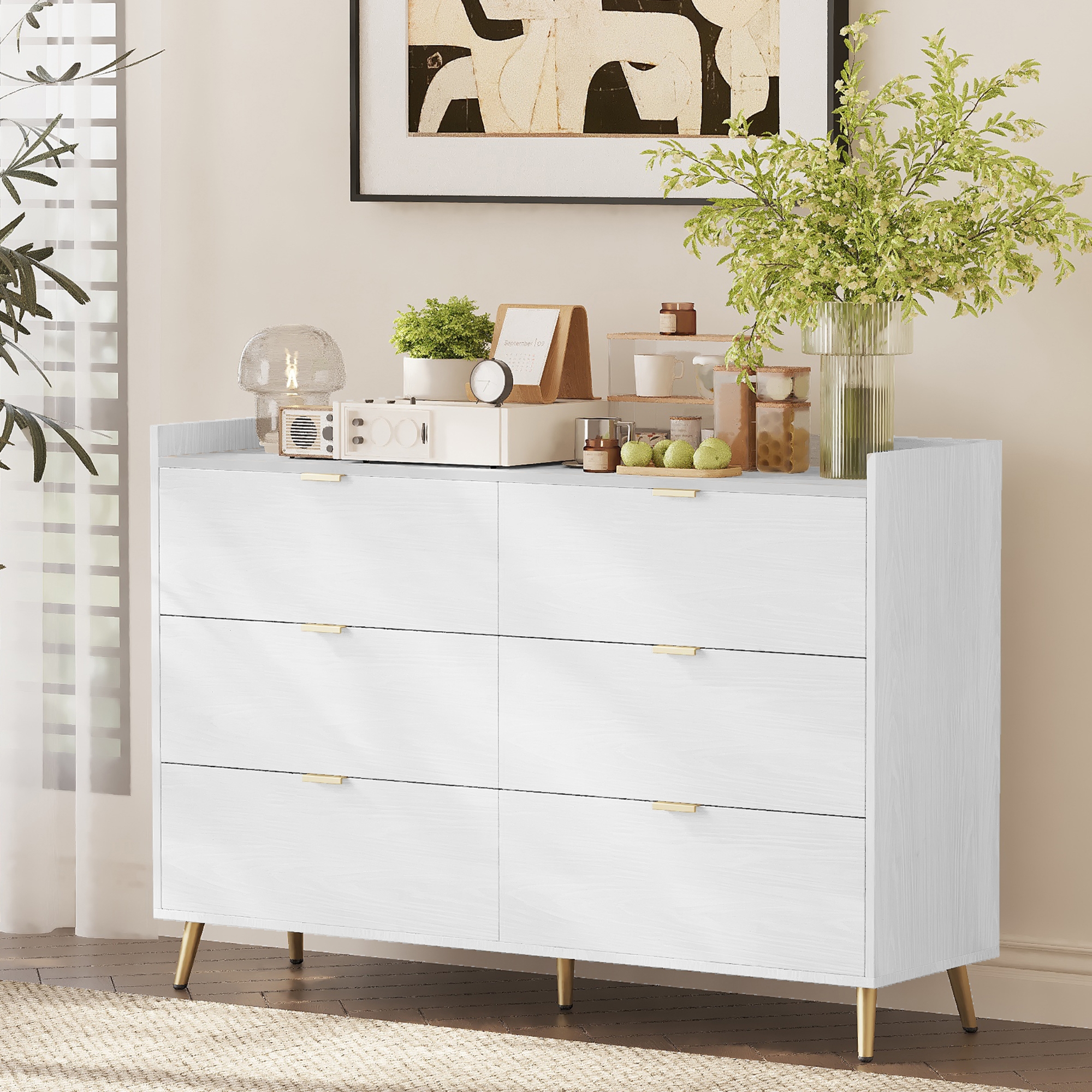 55" Long 6 Drawer Dresser with Marbling Worktop, Mordern Storage Cabinet with Metal Leg and Handle for Bedroom, White