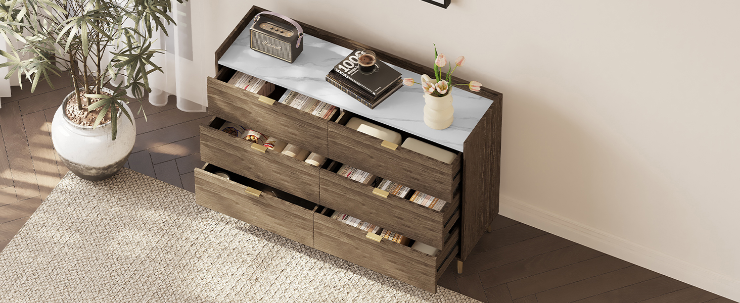 55" Long 6 Drawer Dresser with Marbling Worktop, Mordern Storage Cabinet with Metal Leg and Handle for Bedroom,Walnut