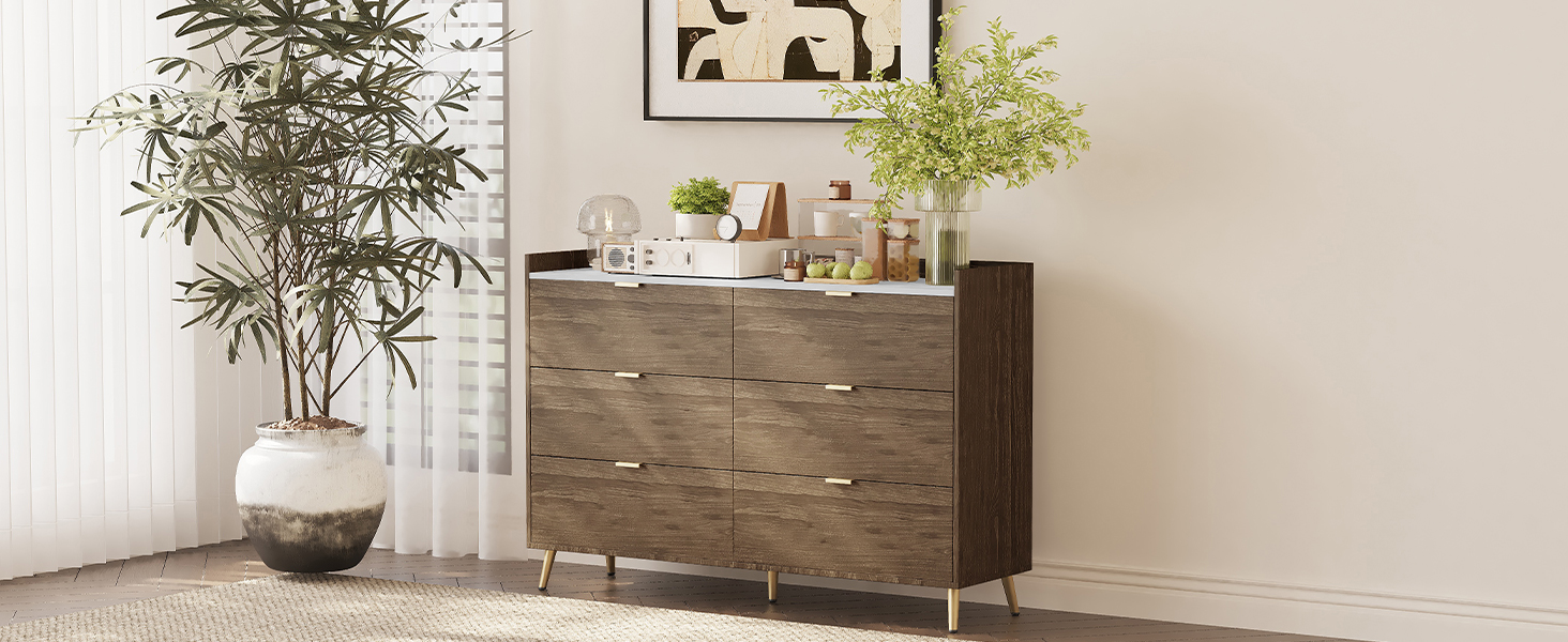 55" Long 6 Drawer Dresser with Marbling Worktop, Mordern Storage Cabinet with Metal Leg and Handle for Bedroom,Walnut