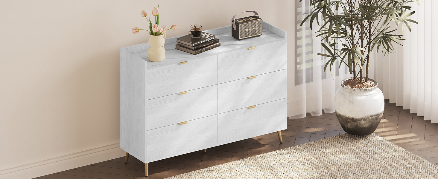 55" Long 6 Drawer Dresser with Marbling Worktop, Mordern Storage Cabinet with Metal Leg and Handle for Bedroom, White