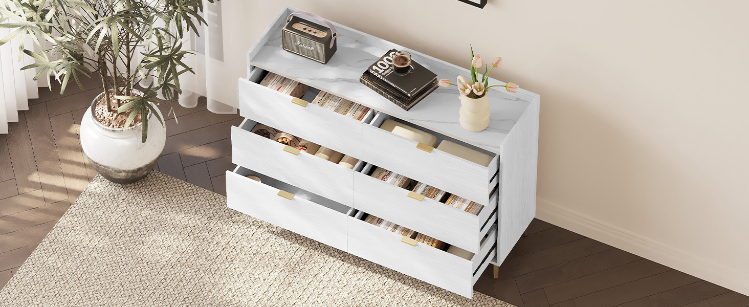 55" Long 6 Drawer Dresser with Marbling Worktop, Mordern Storage Cabinet with Metal Leg and Handle for Bedroom, White