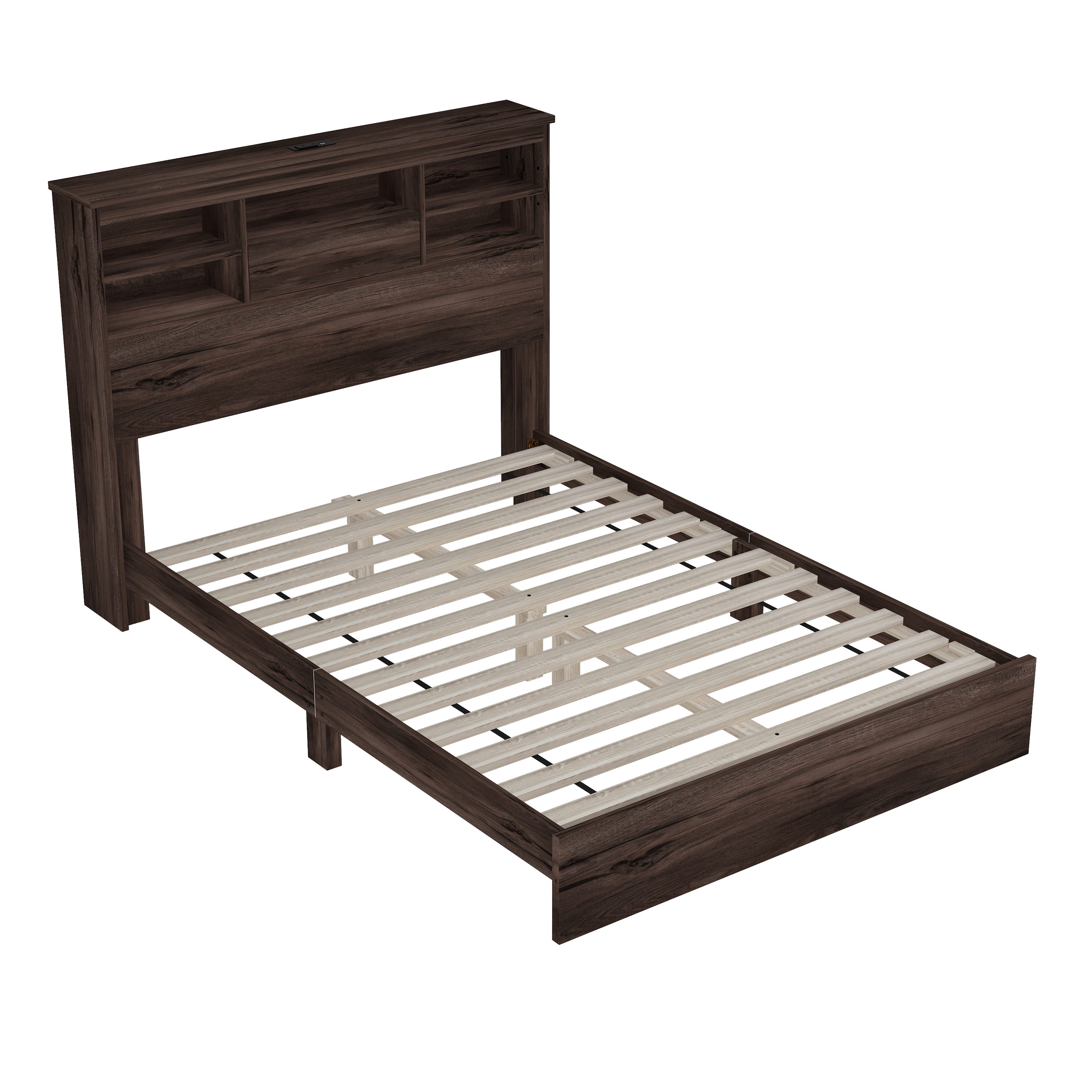 Queen Size Wooden Platform Bed with Storage Headboard,American Country Style Bed with USB Charging Ports,Dark Walnut