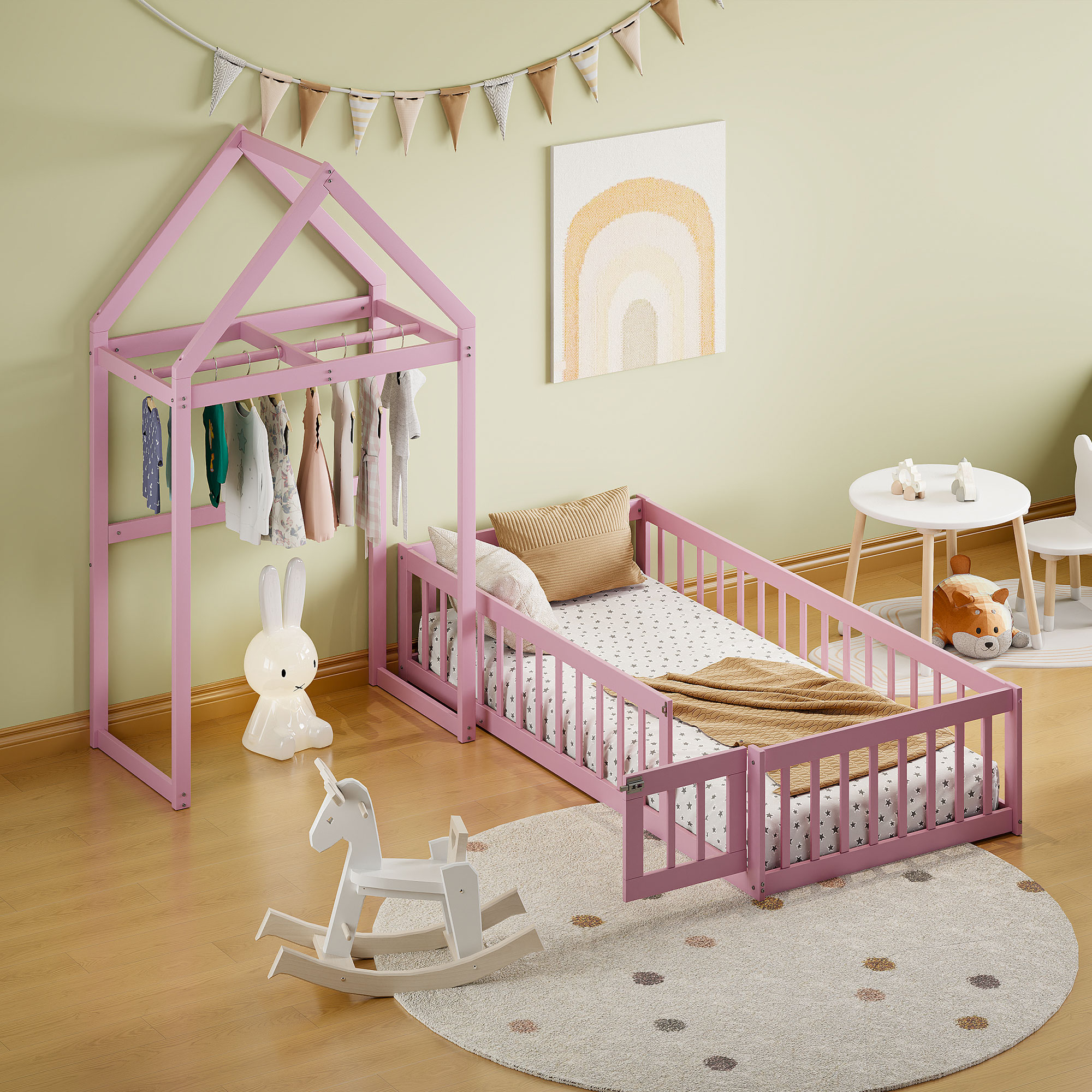 Wooden Floor Bed with Fence Railings and Detachable House Shape Headboard, Twin Size Bed with Kids Dress Up Rack, Kids Montessori Style Playhouse Frame for Girls Boys, Pink