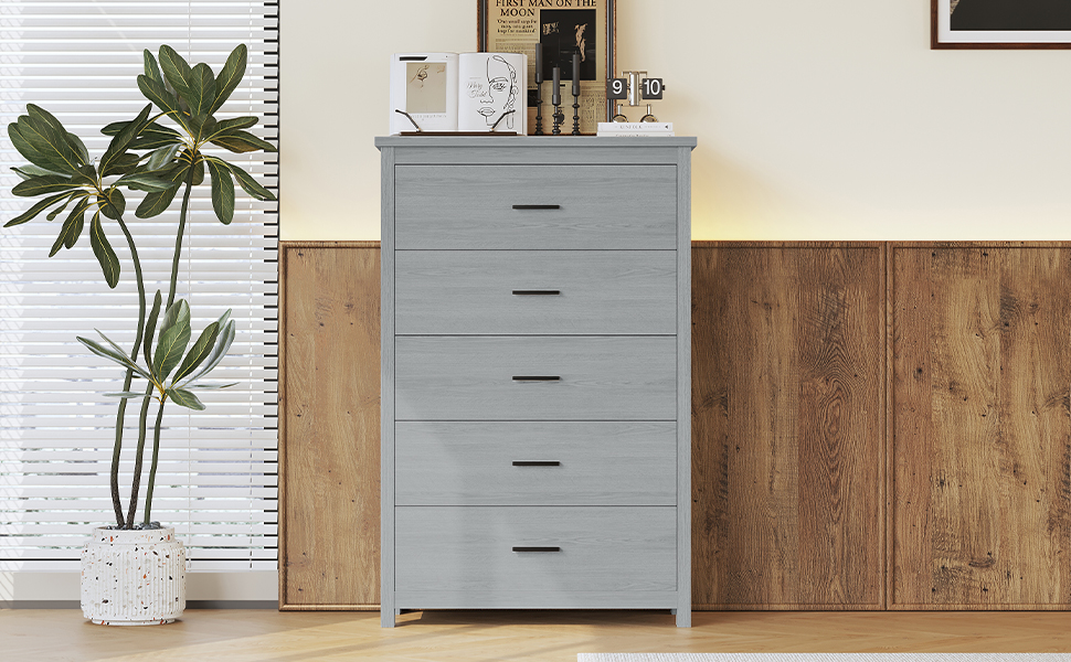 Retro American Country Style Wooden Dresser with 5 Drawer, Storage Cabinet for Bedroom, Light Gray