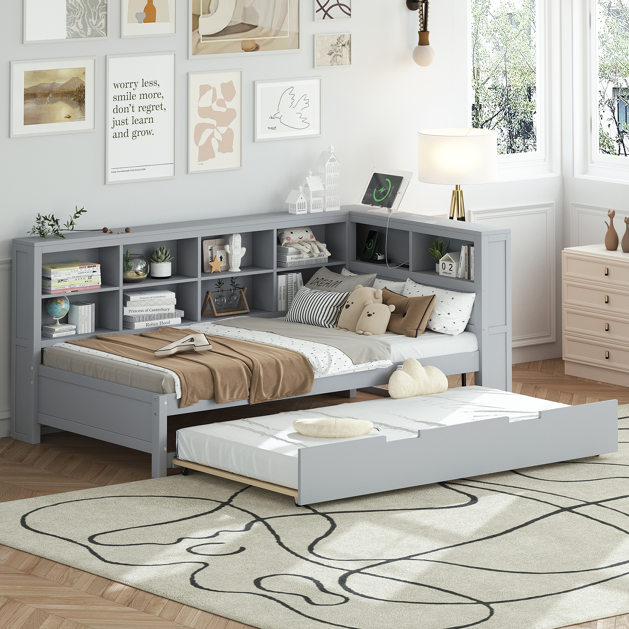 Wooden Twin Size DayBed with Twin Size Trundle, DayBed with Storage Shelf and USB Charging Ports,Grey