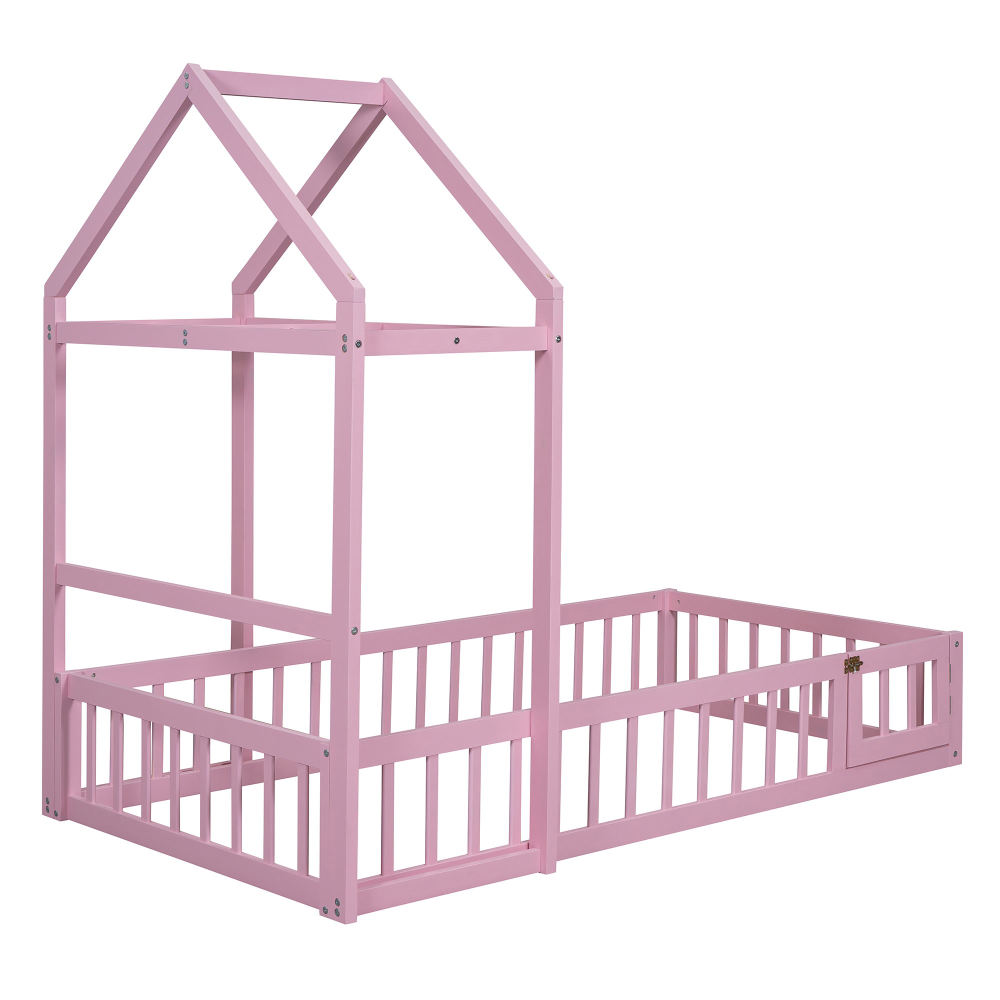 Wooden Floor Bed with Fence Railings and Detachable House Shape Headboard, Twin Size Bed with Kids Dress Up Rack, Kids Montessori Style Playhouse Frame for Girls Boys, Pink