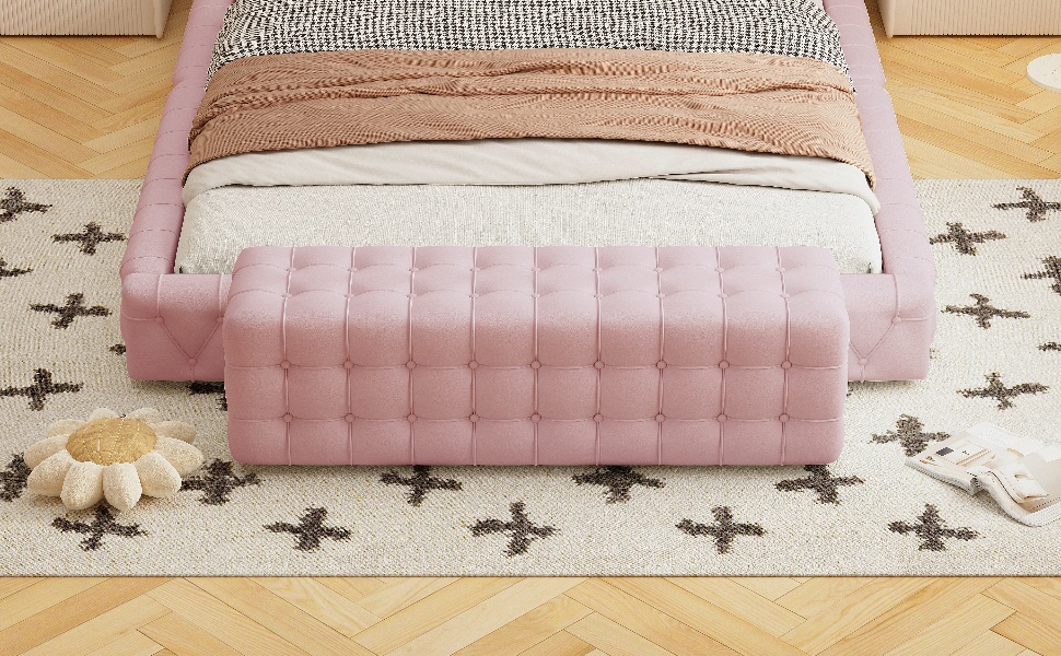 All Covered Velvet Upholstered Ottoman, Rectangular Footstool, Bedroom Footstool, No Assembly Required, Elegant and Luxurious, Pink