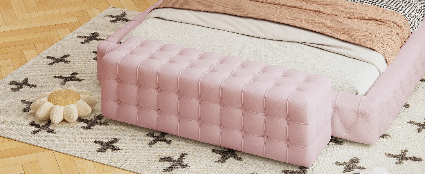 All Covered Velvet Upholstered Ottoman, Rectangular Footstool, Bedroom Footstool, No Assembly Required, Elegant and Luxurious, Pink