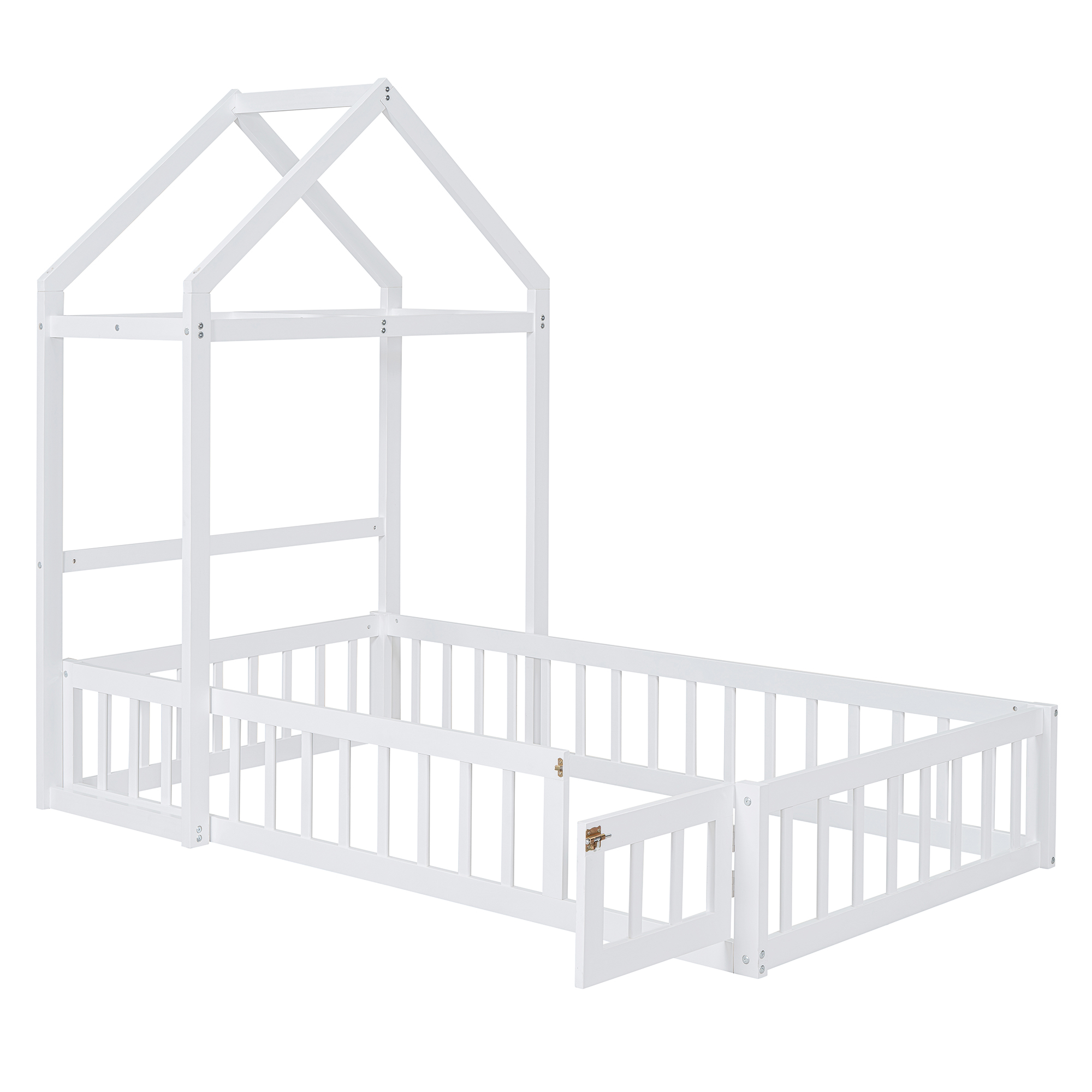 Wooden Floor Bed with Fence Railings and Detachable House Shape Headboard, Twin Size Bed with Kids Dress Up Rack, Kids Montessori Style Playhouse Frame for Girls Boys, White