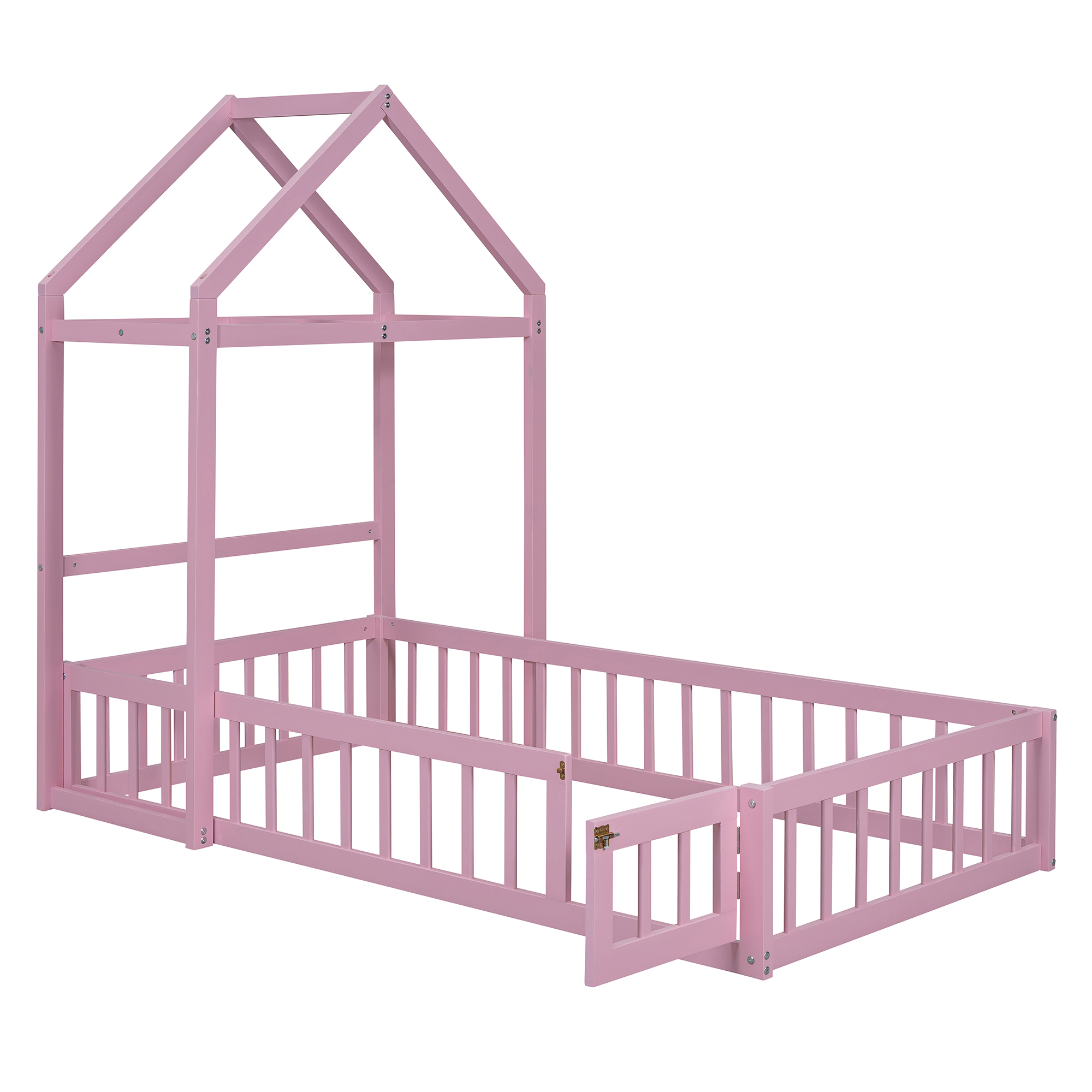 Wooden Floor Bed with Fence Railings and Detachable House Shape Headboard, Twin Size Bed with Kids Dress Up Rack, Kids Montessori Style Playhouse Frame for Girls Boys, Pink