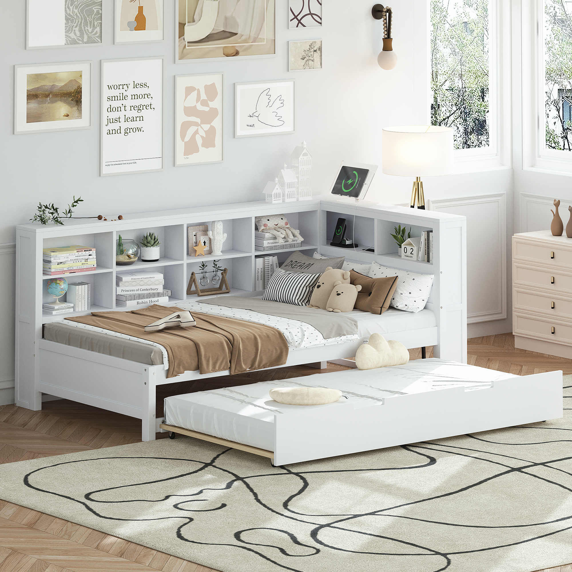 Wooden Twin Size DayBed with Twin Trundle, DayBed with Storage Shelf and USB Charging Ports,White