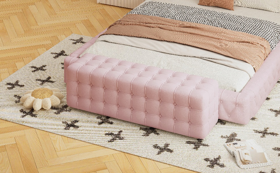 All Covered Velvet Upholstered Ottoman, Rectangular Footstool, Bedroom Footstool, No Assembly Required, Elegant and Luxurious, Pink