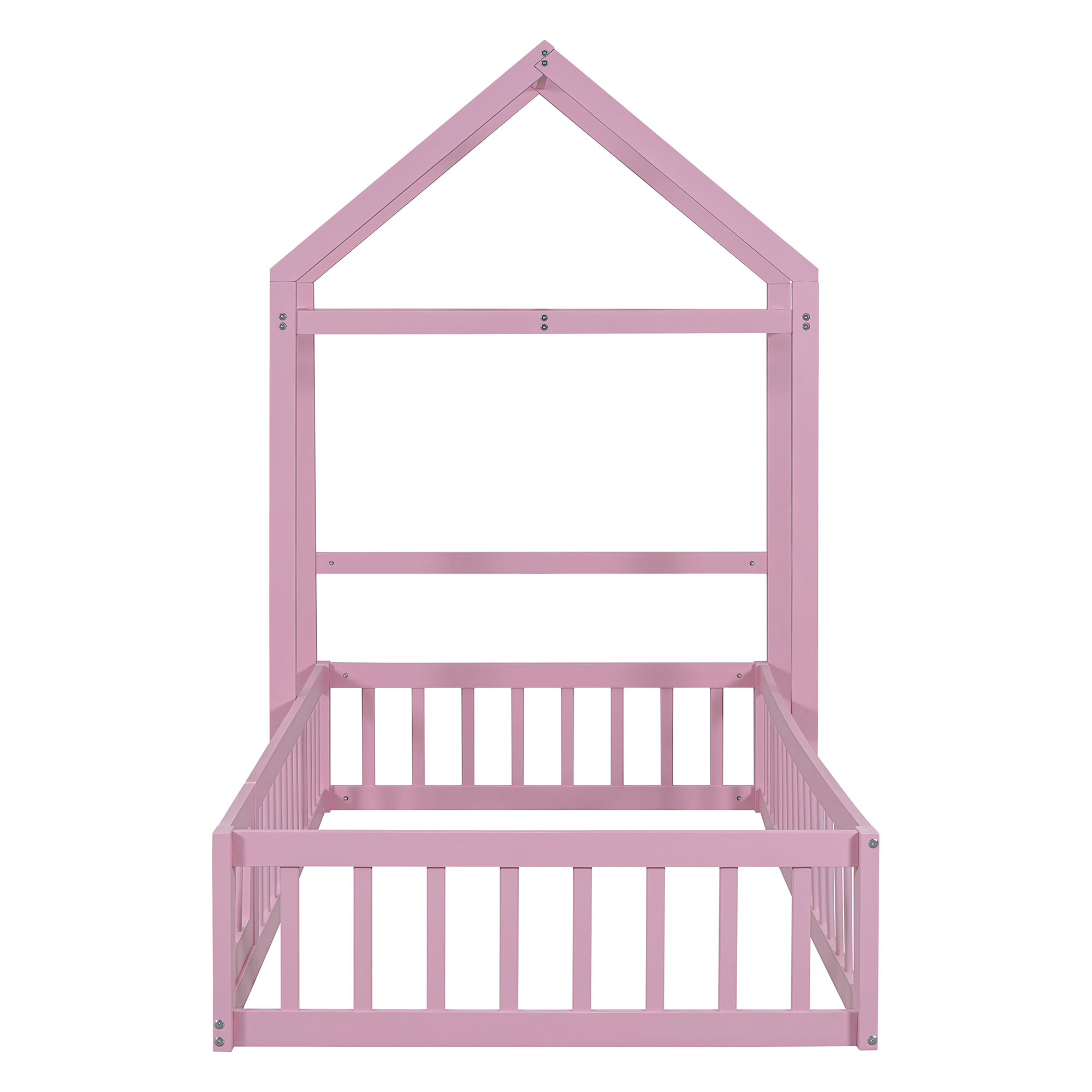 Wooden Floor Bed with Fence Railings and Detachable House Shape Headboard, Twin Size Bed with Kids Dress Up Rack, Kids Montessori Style Playhouse Frame for Girls Boys, Pink