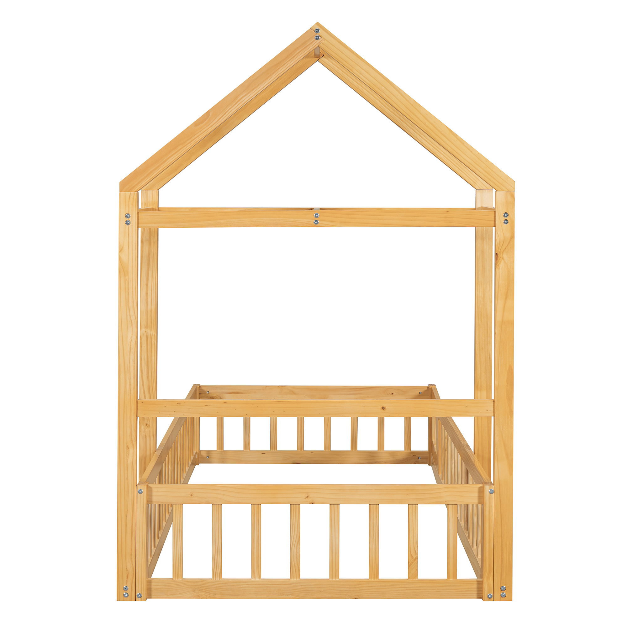 Wooden Floor Bed with Fence Railings and Detachable House Shape Headboard, Twin Size Bed with Kids Dress Up Rack, Kids Montessori Style Playhouse Frame for Girls Boys, Natural