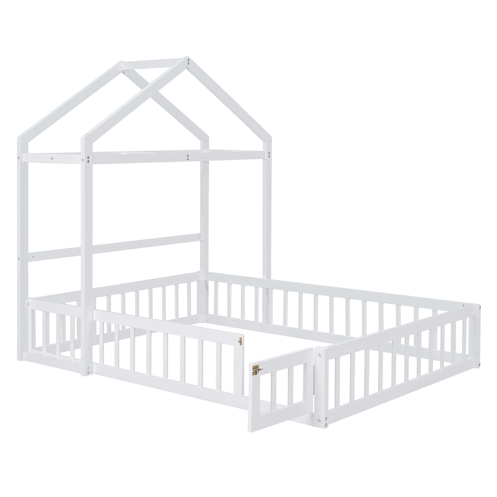 Wooden Floor Bed with Fence Railings and Detachable House Shape Headboard, Full Size Bed with Kids Dress Up Rack, Kids Montessori Style Playhouse Frame for Girls Boys, White