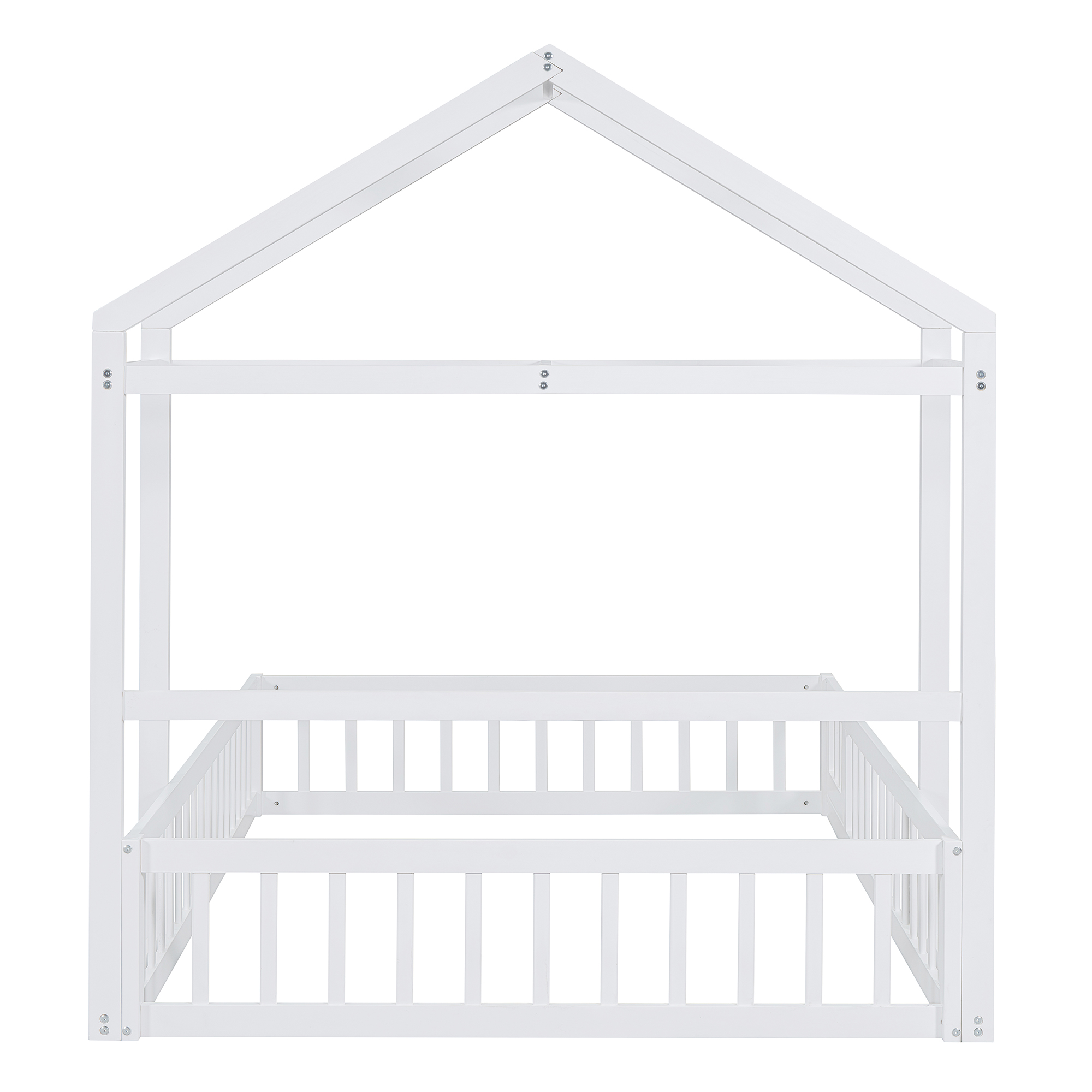 Wooden Floor Bed with Fence Railings and Detachable House Shape Headboard, Full Size Bed with Kids Dress Up Rack, Kids Montessori Style Playhouse Frame for Girls Boys, White