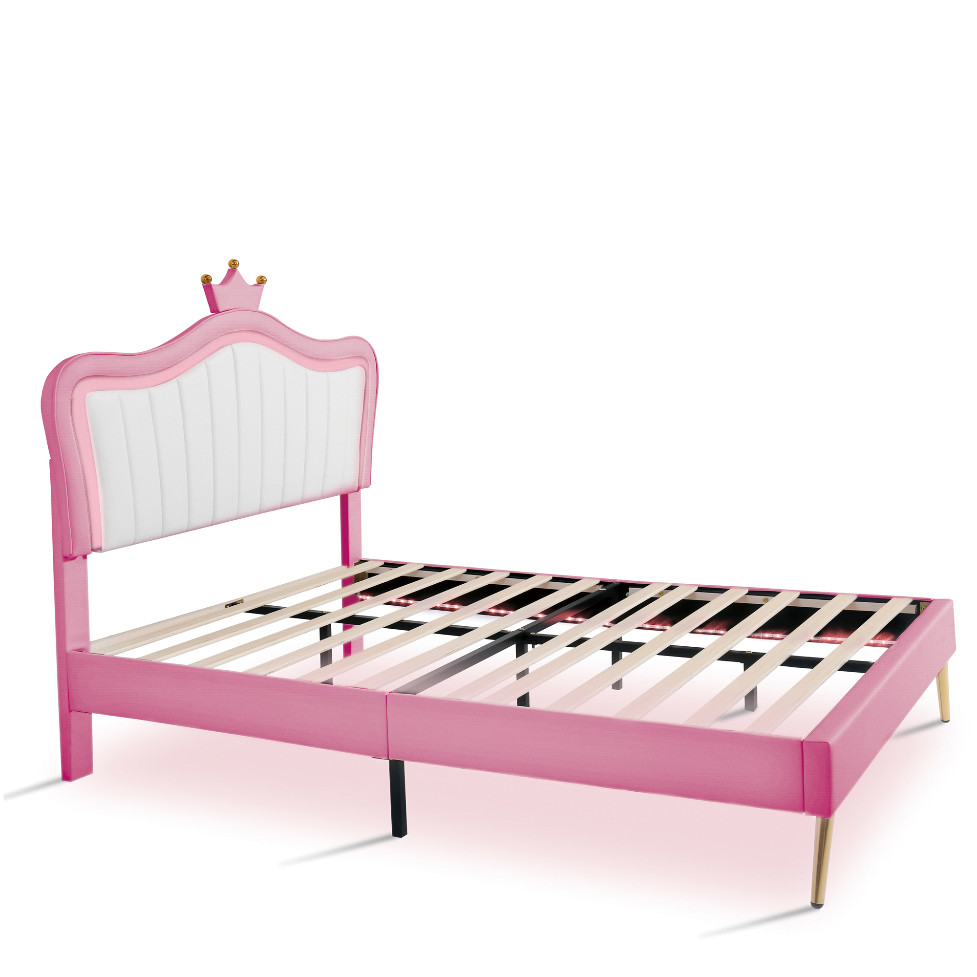 Full Size Upholstered Bed Frame with LED Lights,Modern Upholstered Princess Bed With Crown Headboard,White+Pink