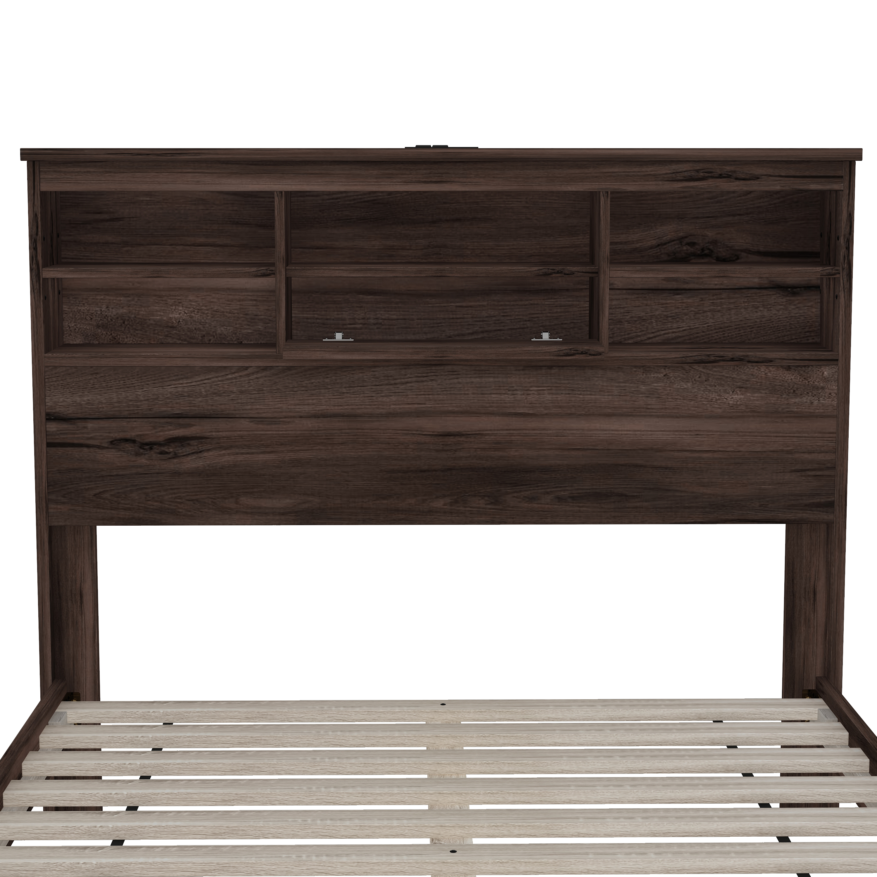 Queen Size Wooden Platform Bed with Storage Headboard,American Country Style Bed with USB Charging Ports,Dark Walnut