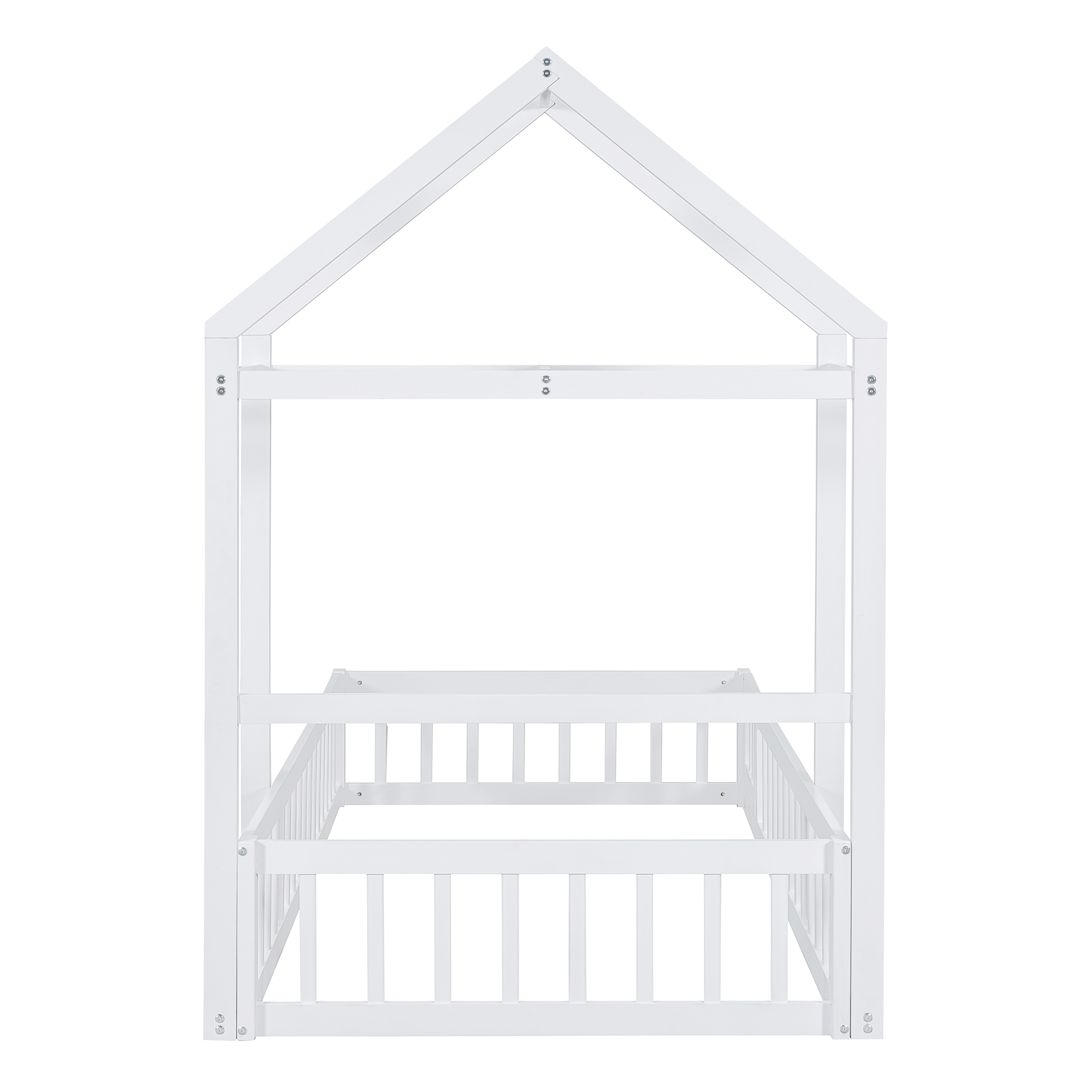 Wooden Floor Bed with Fence Railings and Detachable House Shape Headboard, Twin Size Bed with Kids Dress Up Rack, Kids Montessori Style Playhouse Frame for Girls Boys, White