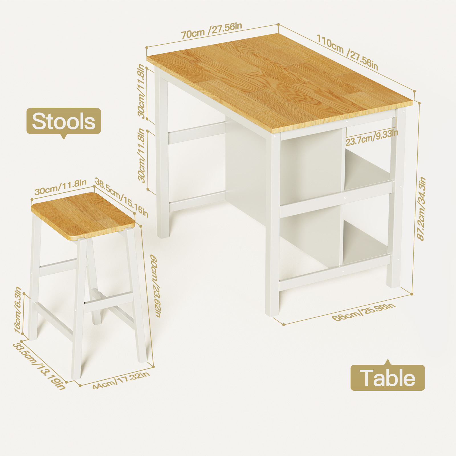 3 PCS Dining Table Set Rustic Retro Breakfast Table Dining Stools Rubber Wood for 2 with Two Open Shelves for Small Space Kitchen Dining Room Cream White