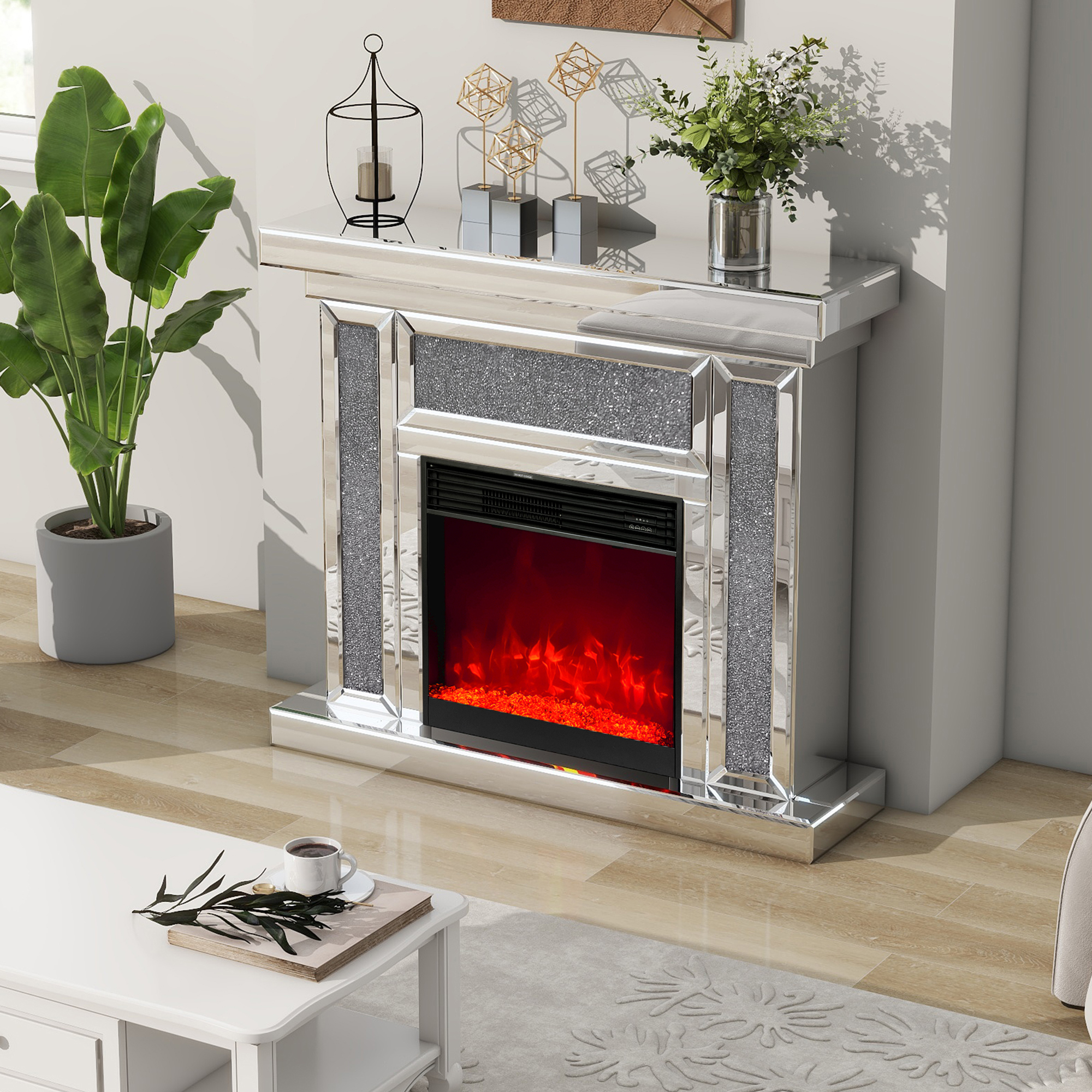 Mirrored Electric Fireplace 7 Colors Adjustable 3D Flame with Mantel, Remote Control, Silver