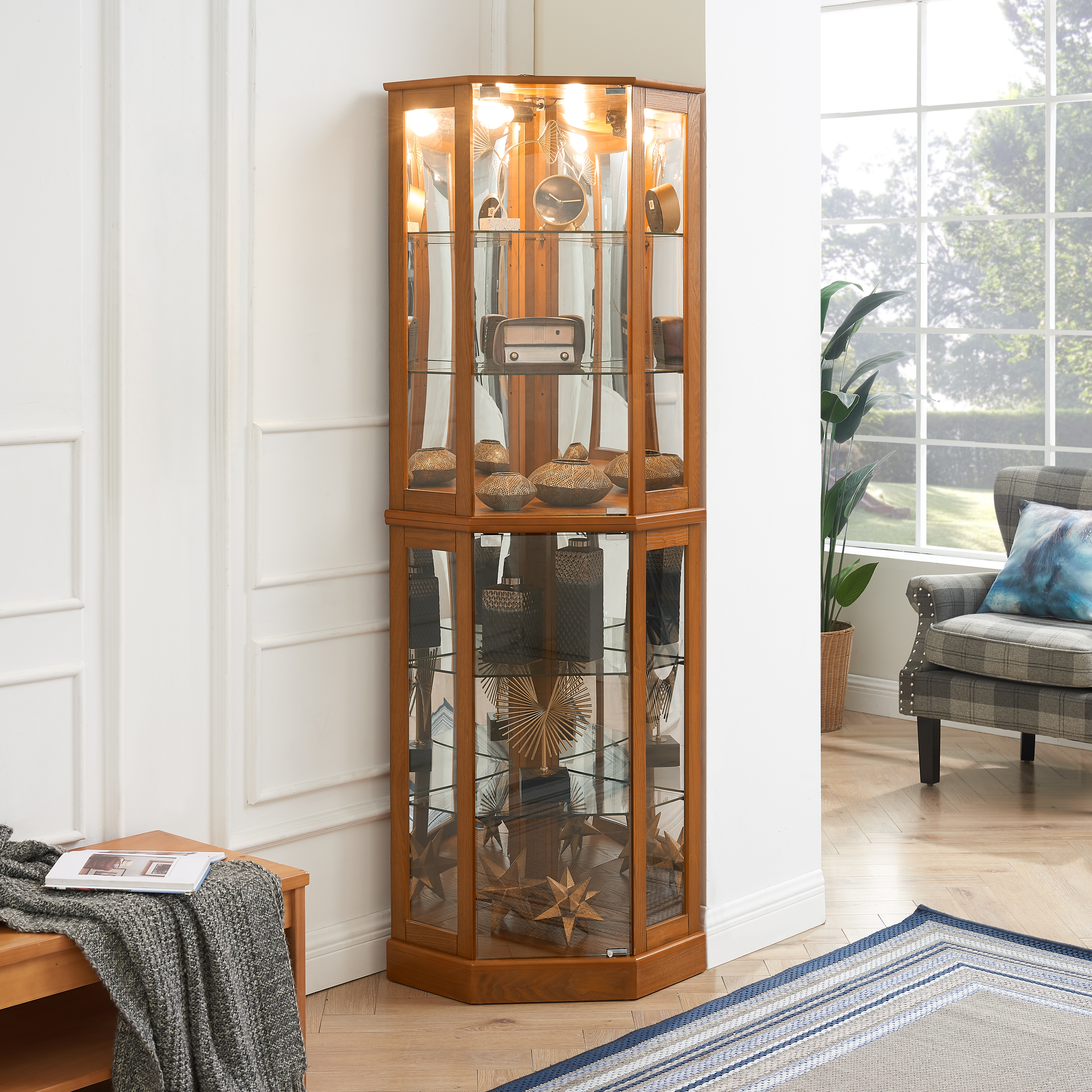 6 Shelf Corner Curio Display Cabinet with Lights, Mirrors and Adjustable Shelves, Дуб