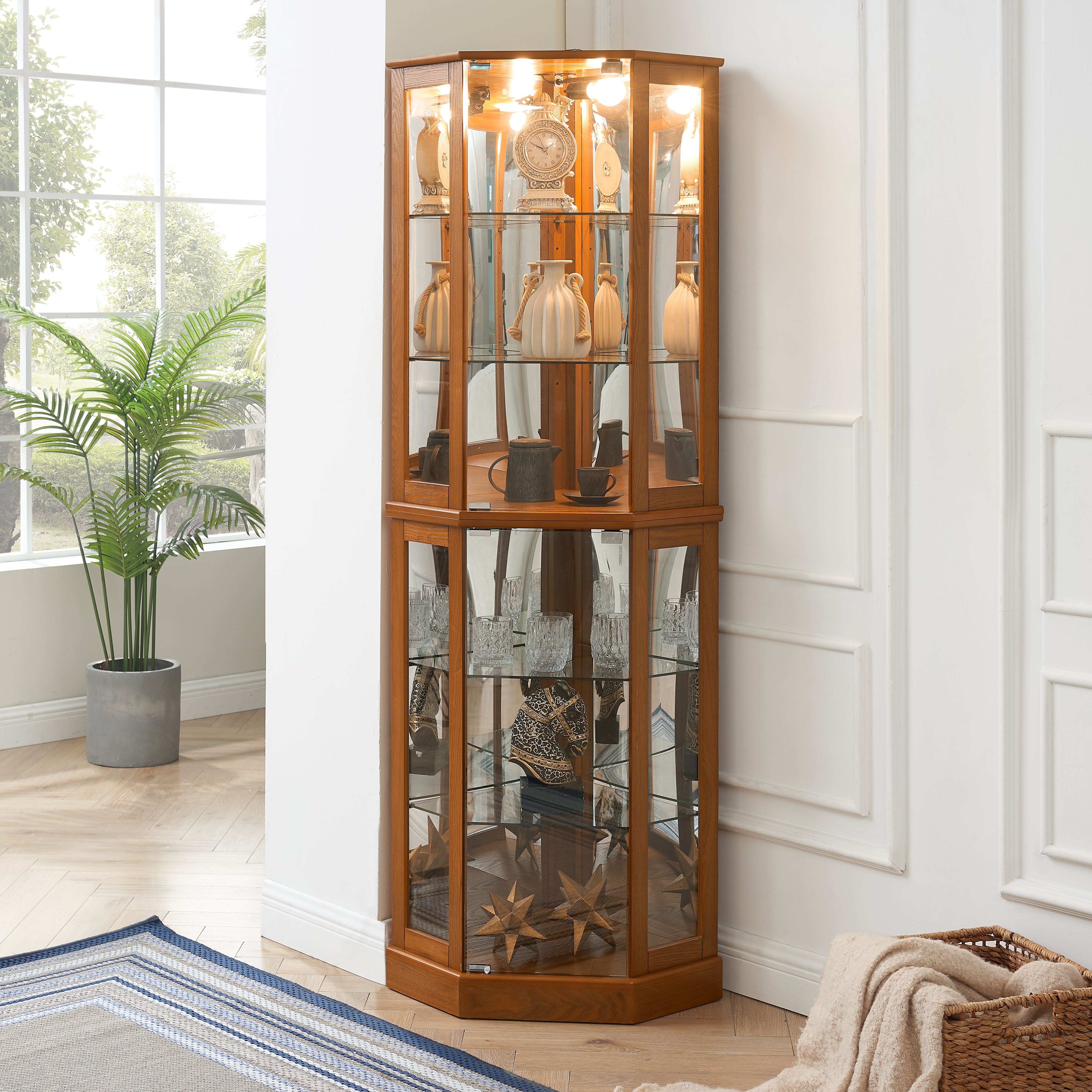 6 Shelf Corner Curio Display Cabinet with Lights, Mirrors and Adjustable Shelves, Oak(E26 light bulb not included)