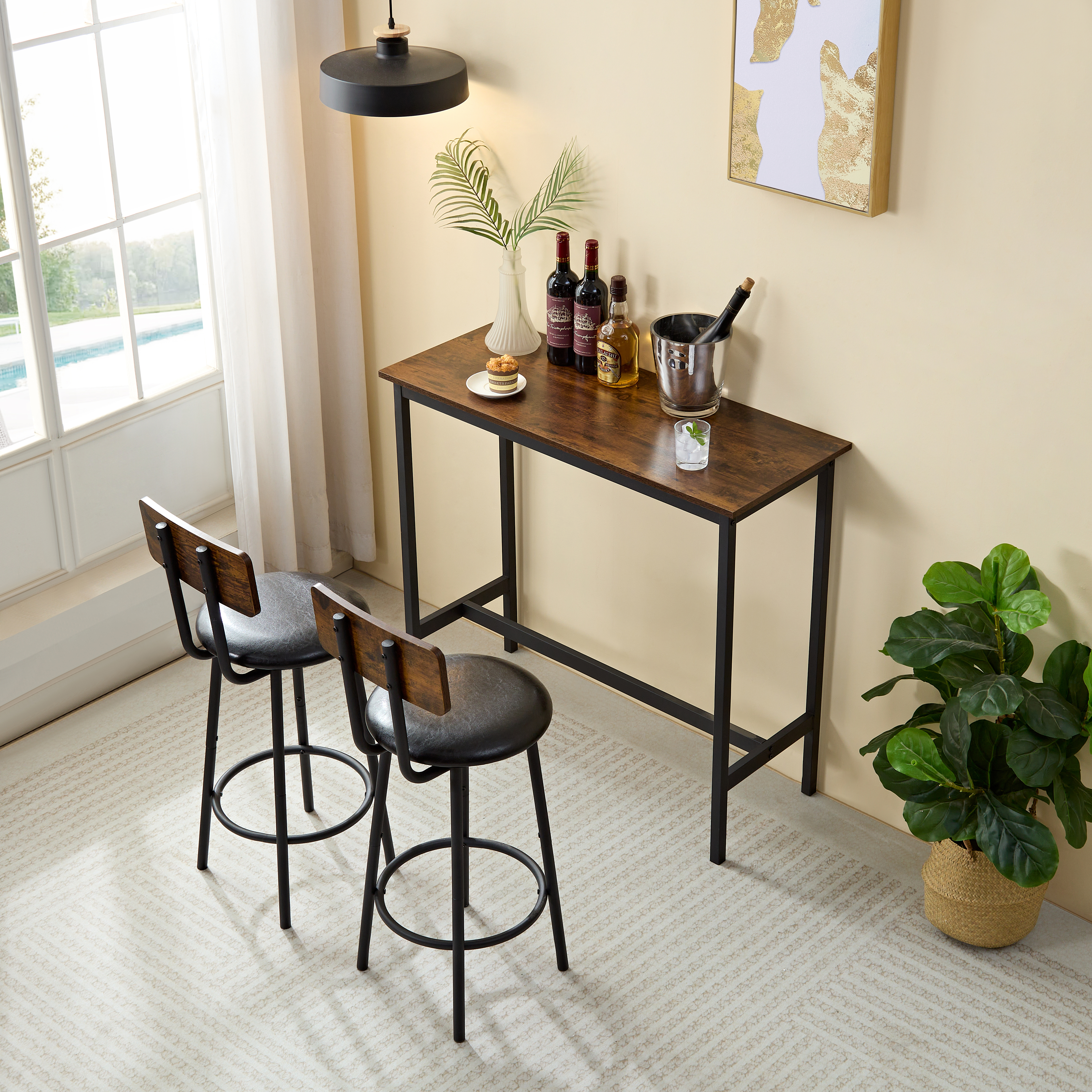 Soft bag bar stool and dining table three-piece set, bar chair with backrest, counter bar table, small square table, suitable for kitchen, restaurant, coffee shop.