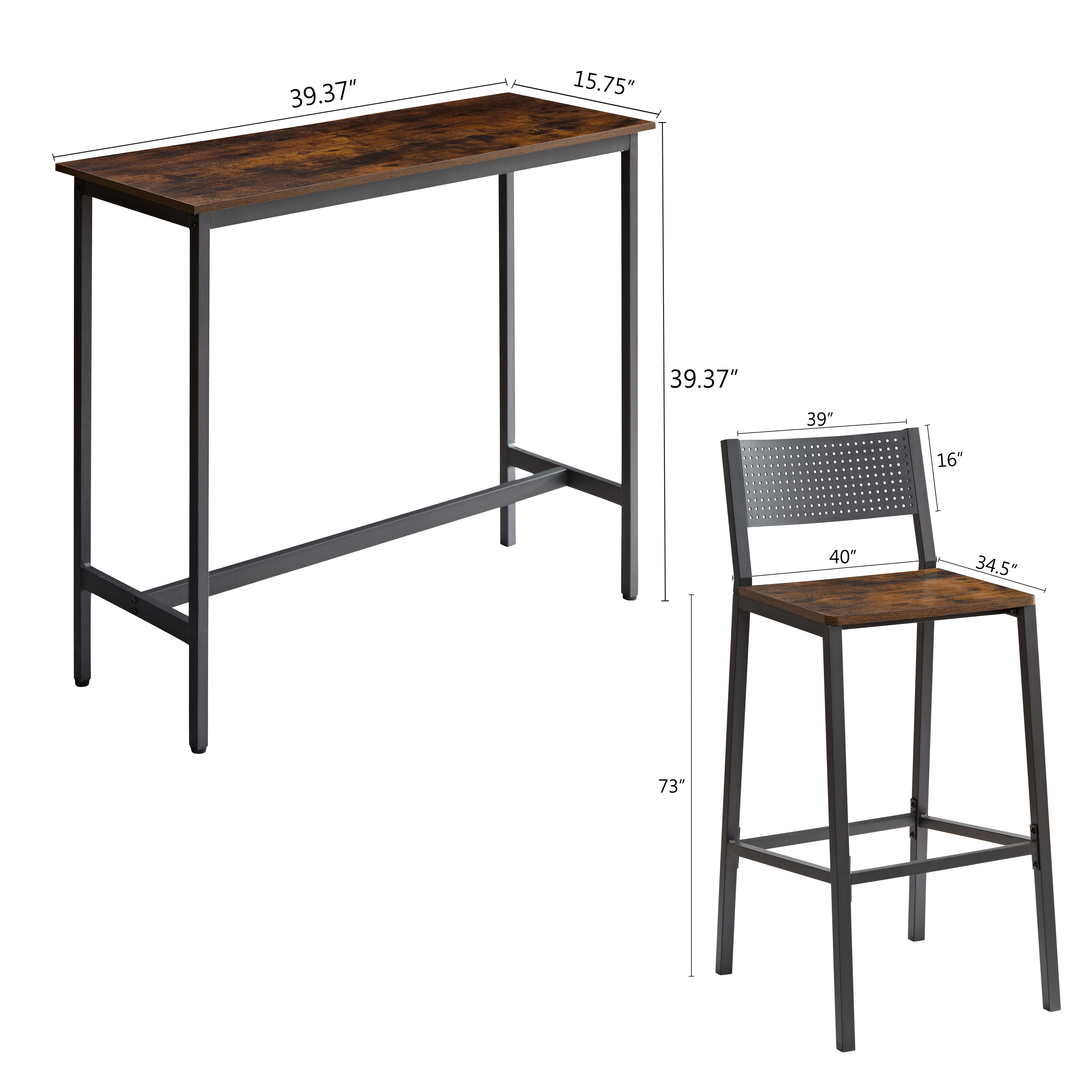 Bar stool and bar three-piece set, industrial style bar stool with backrest, iron wood structure furniture, suitable for bars, kitchens, restaurants.