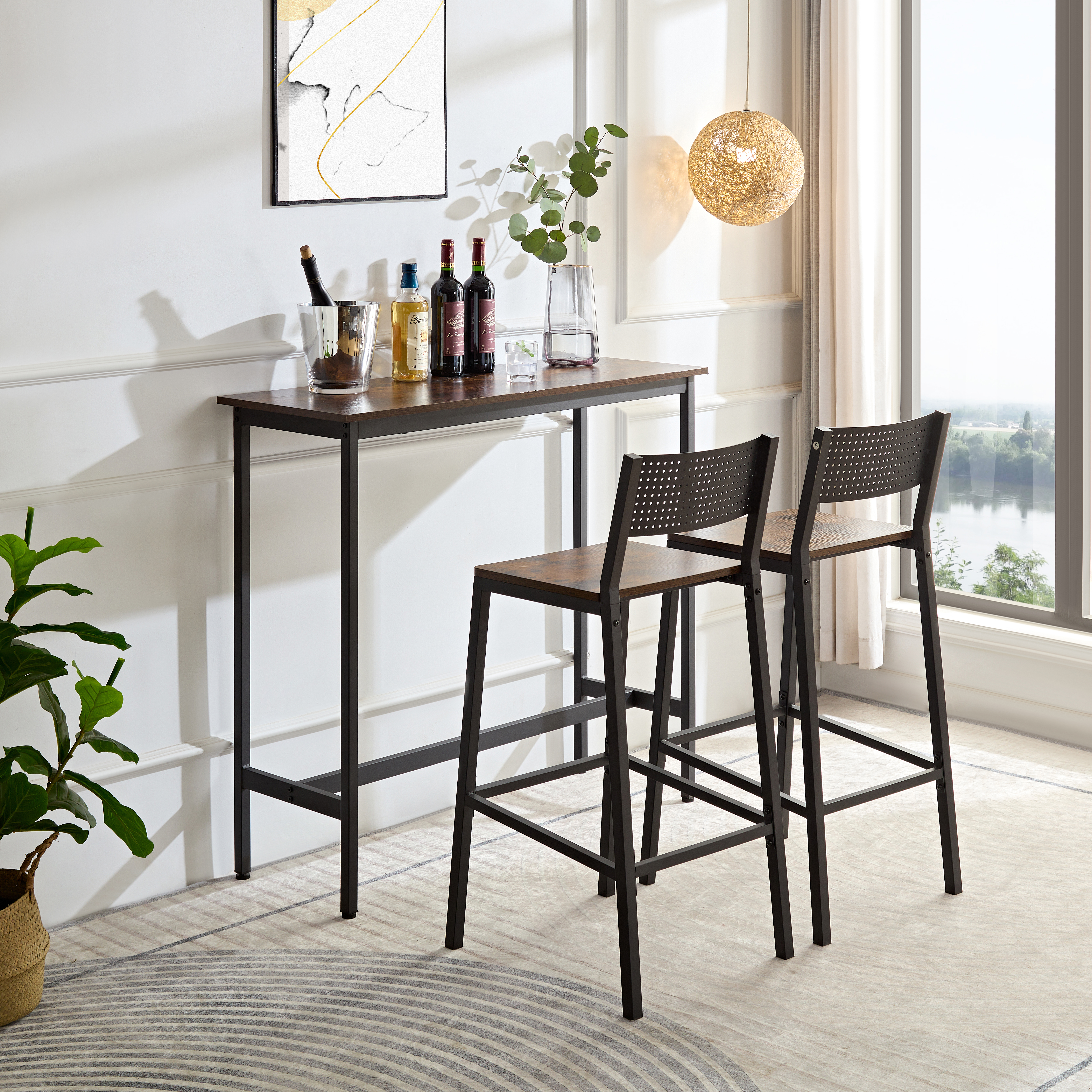 Bar stool and bar three-piece set, industrial style bar stool with backrest, iron wood structure furniture, suitable for bars, kitchens, restaurants.