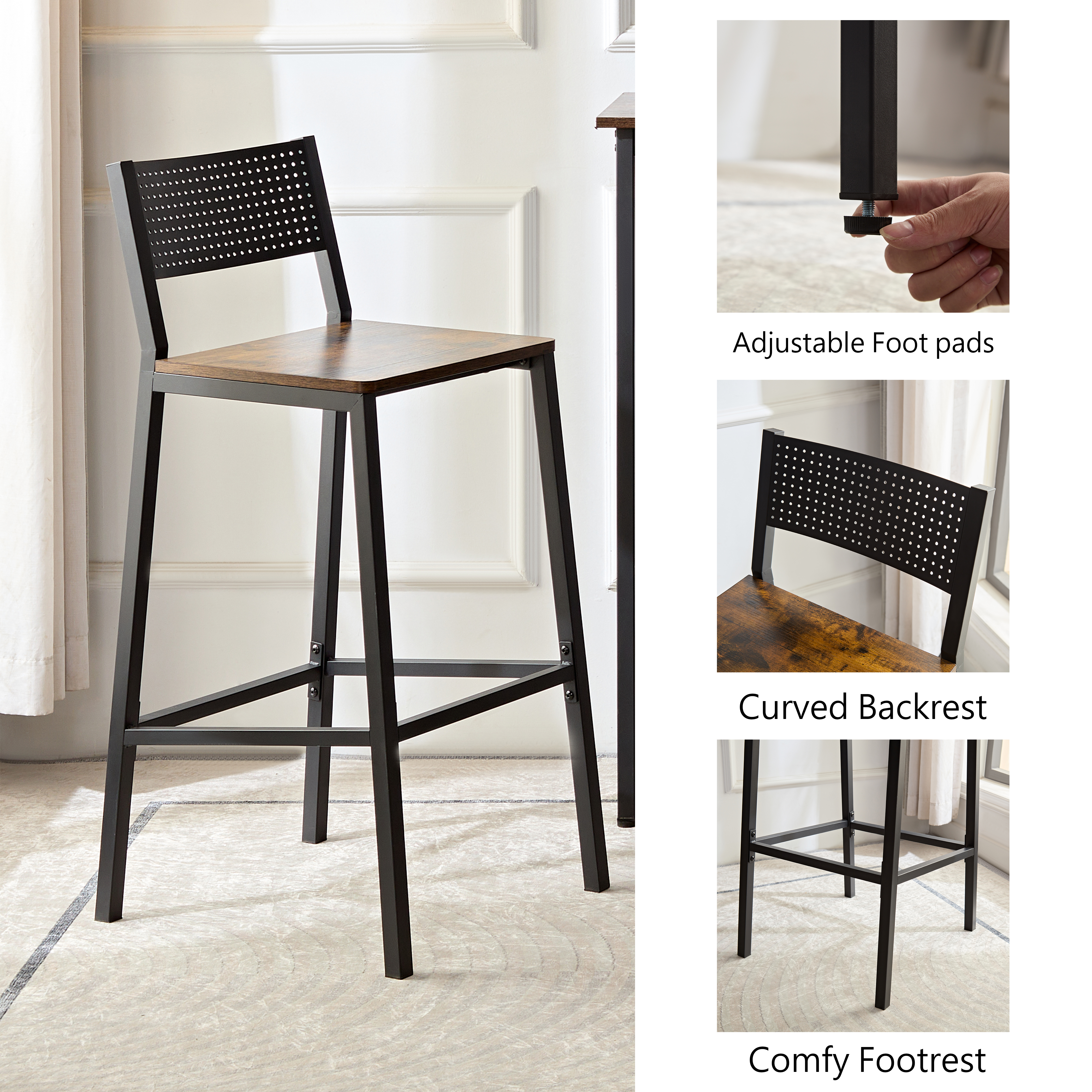 Bar stool and bar three-piece set, industrial style bar stool with backrest, iron wood structure furniture, suitable for bars, kitchens, restaurants.