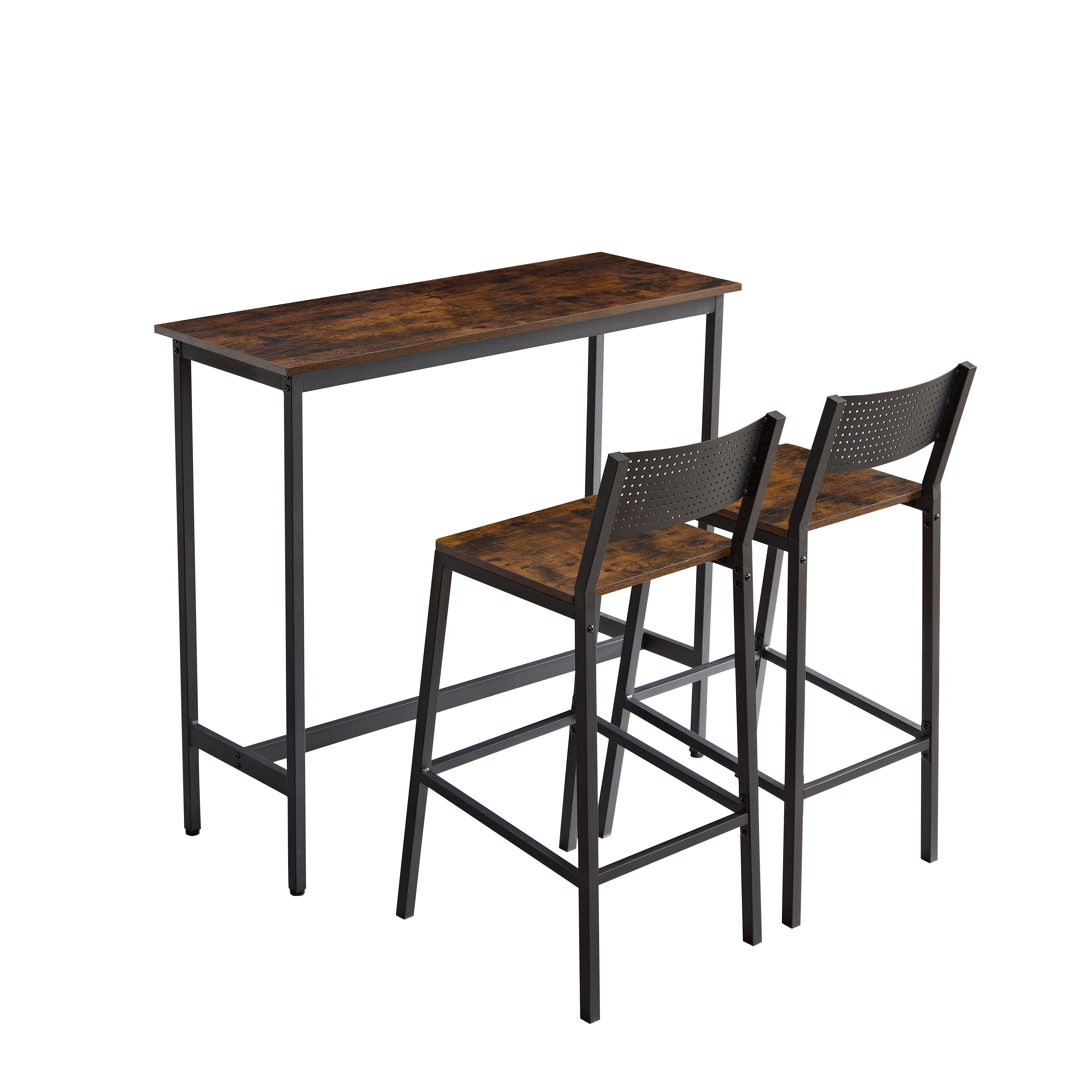 Bar stool and bar three-piece set, industrial style bar stool with backrest, iron wood structure furniture, suitable for bars, kitchens, restaurants.