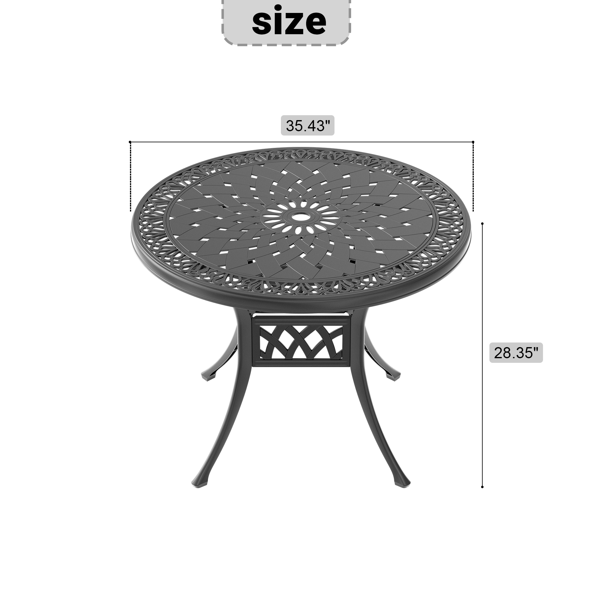 Ø35.43-inch Cast Aluminum Patio Dining Table with Black Frame and Umbrella Hole