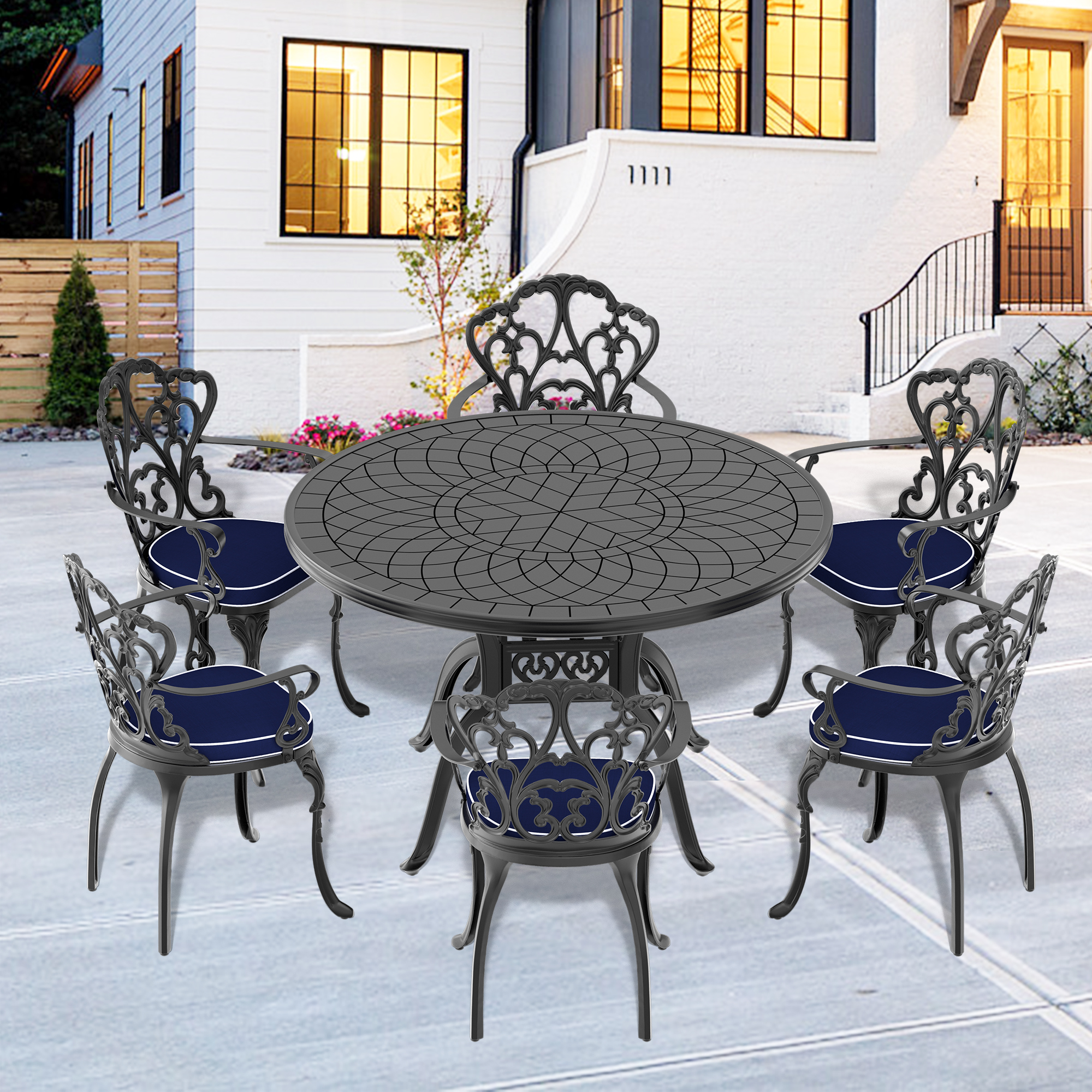 (Cushions In  Random Colors)7-Piece Set Of Cast Aluminum Patio Furniture With  Cushions