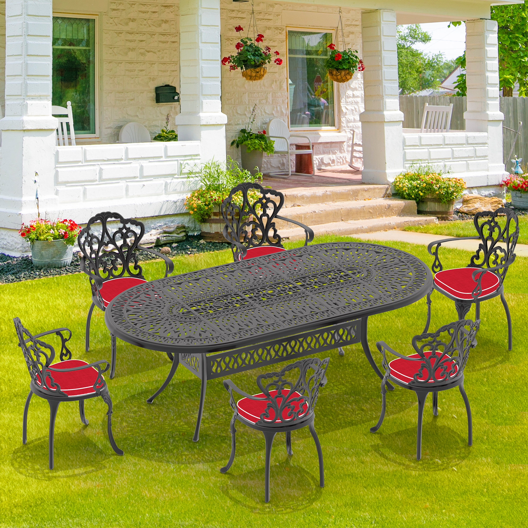 (Cushions In  Random Colors)7-Piece Set Of Cast Aluminum Patio Furniture With  Cushions