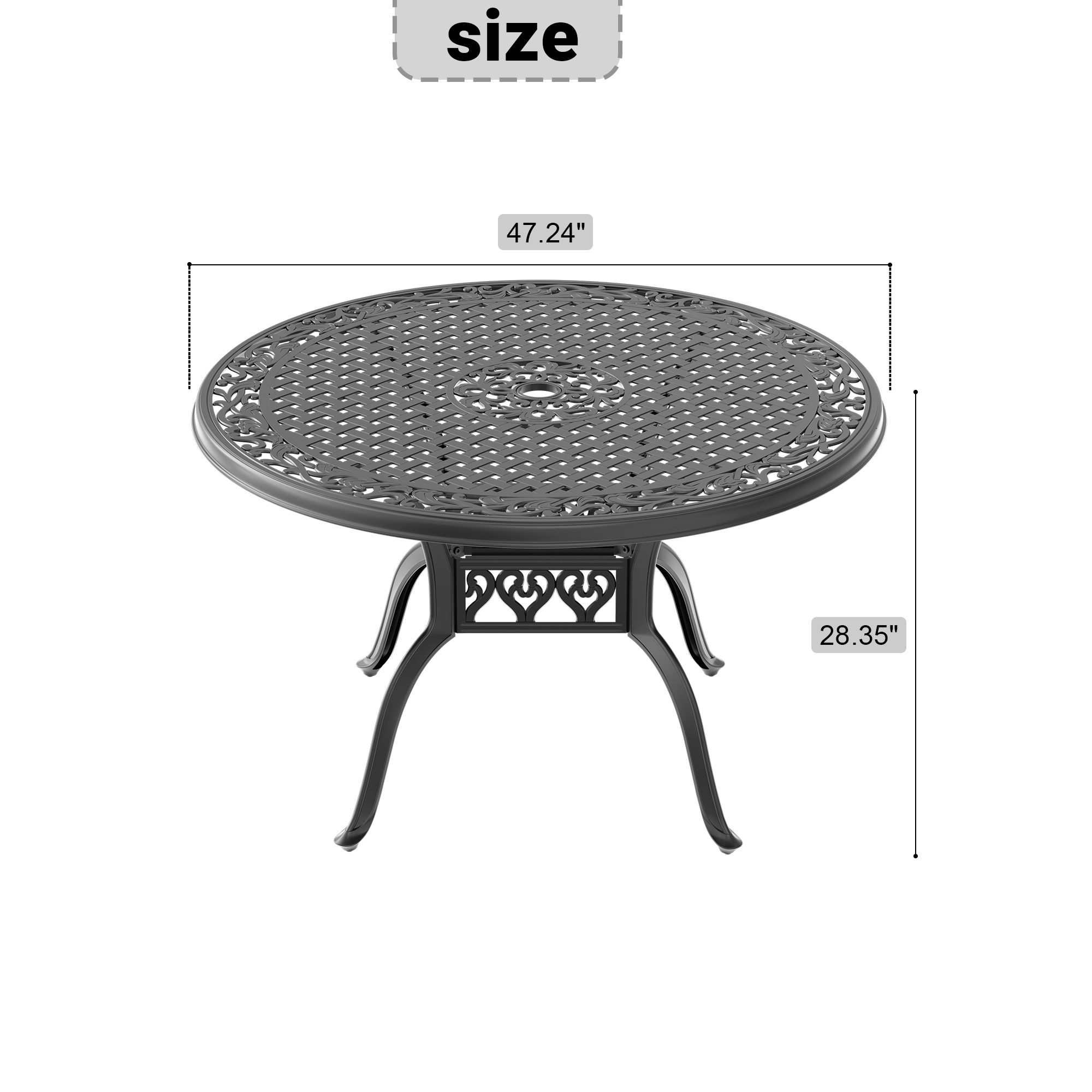 Ø47.24-inch Cast Aluminum Patio Dining Table with Black Frame and Umbrella Hole