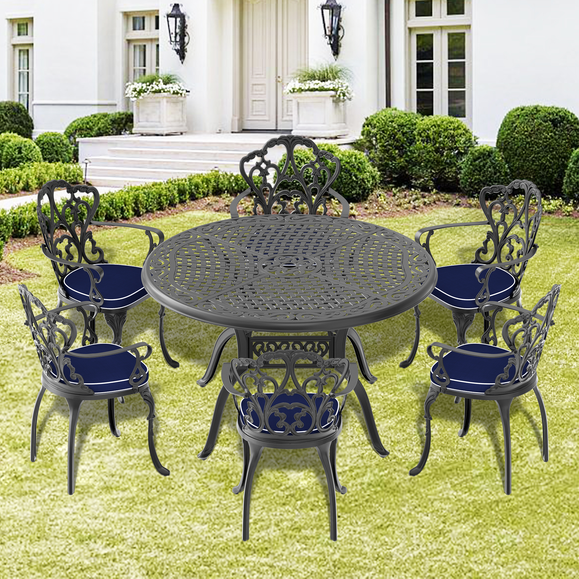 (Cushions In  Random Colors)7-Piece Set Of Cast Aluminum Patio Furniture With  Cushions