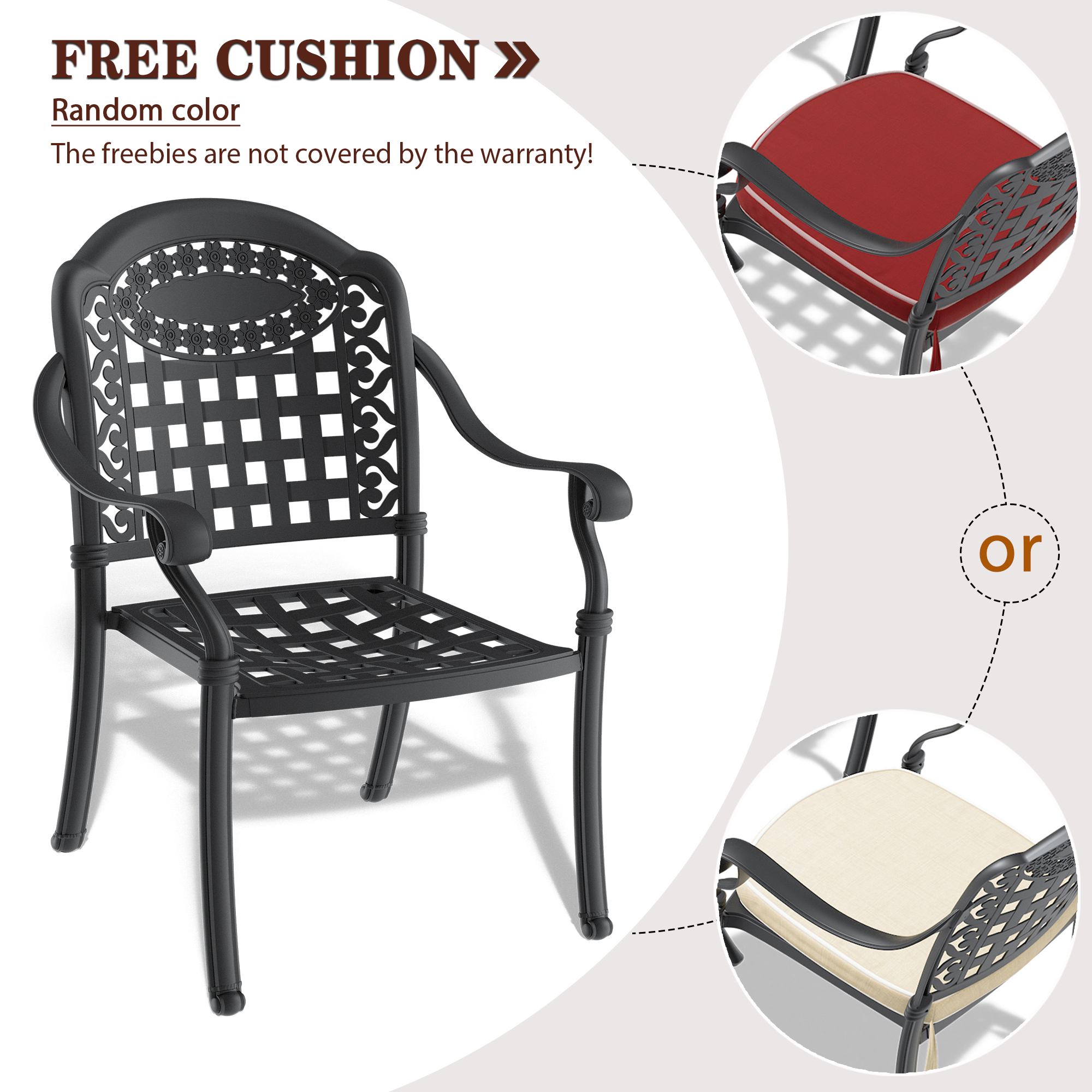 Cast Aluminum Patio Dining Chair 6PCS With Black Frame and Cushions In Random Colors