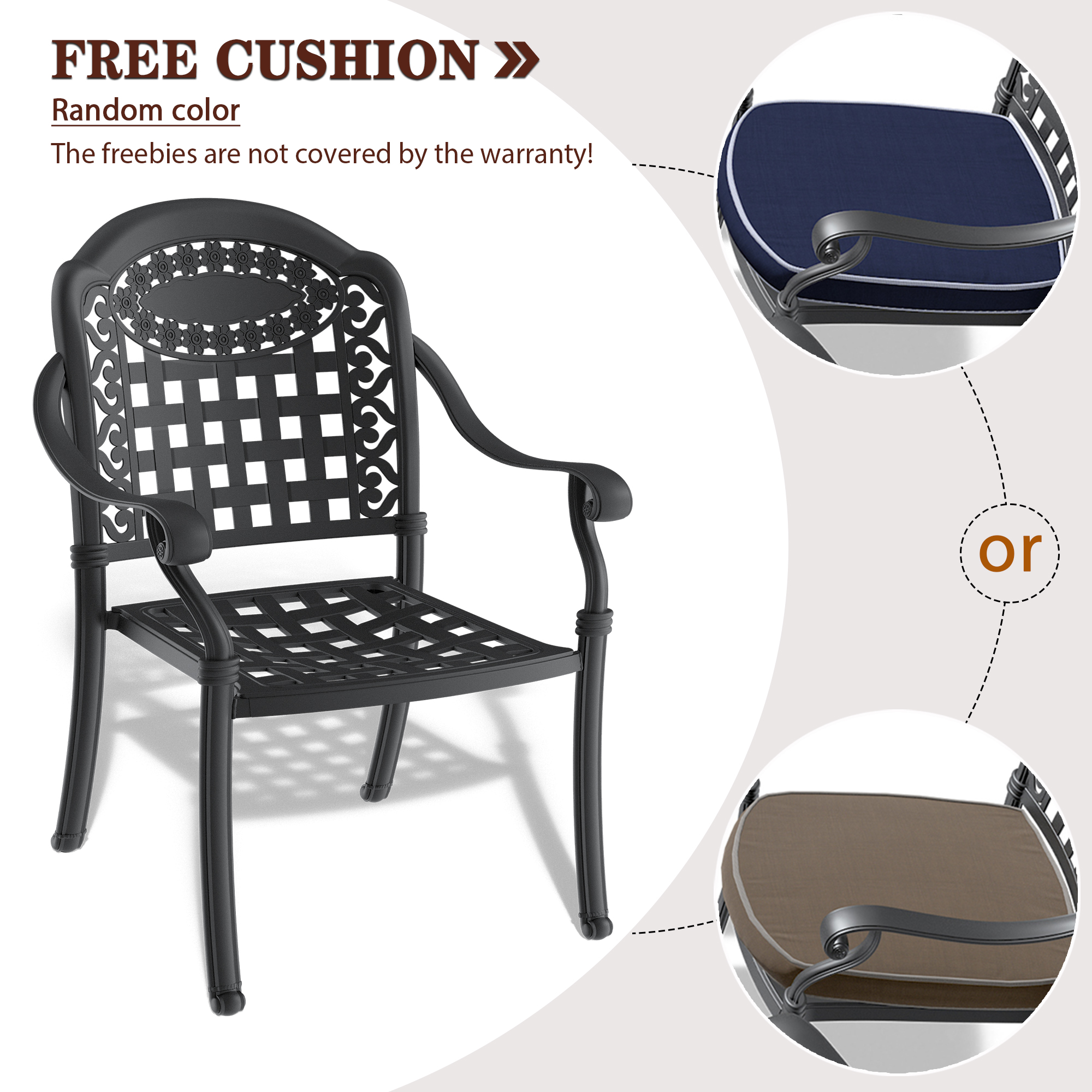 Cast Aluminum Patio Dining Chair 4PCS With Black Frame and Cushions In Random Colors