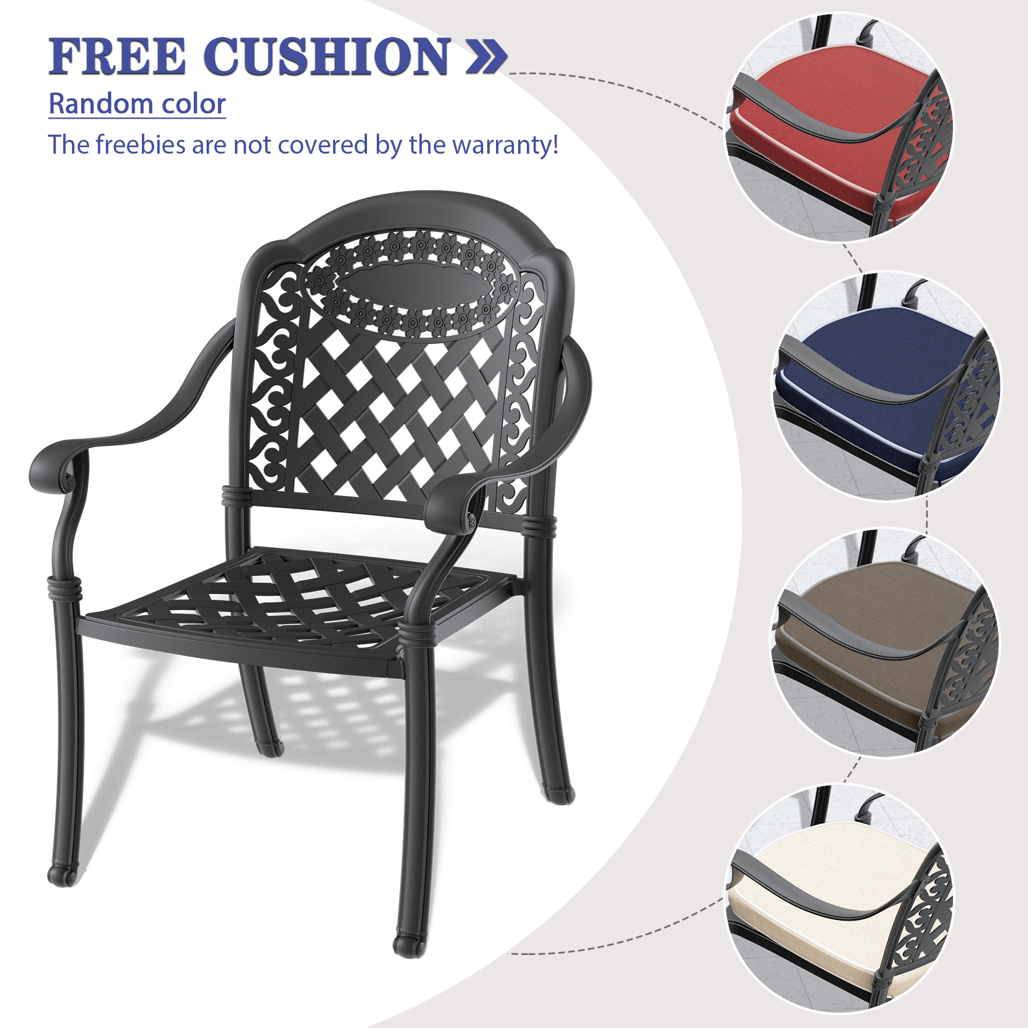 Cast Aluminum Patio Dining Chair 2PCS With Black Frame and Cushions In Random Colors