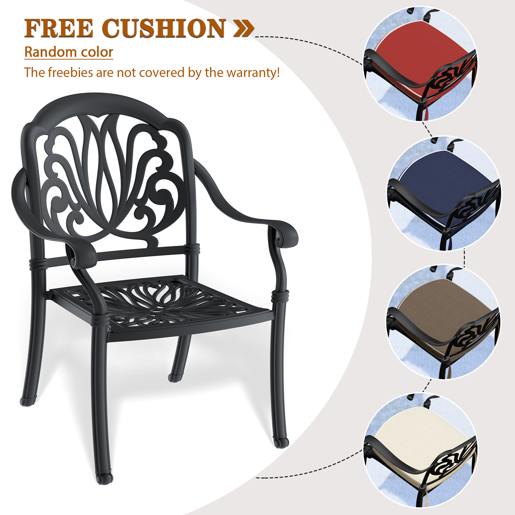 Cast Aluminum Patio Dining Chair 6PCS With Black Frame and Cushions In Random Colors