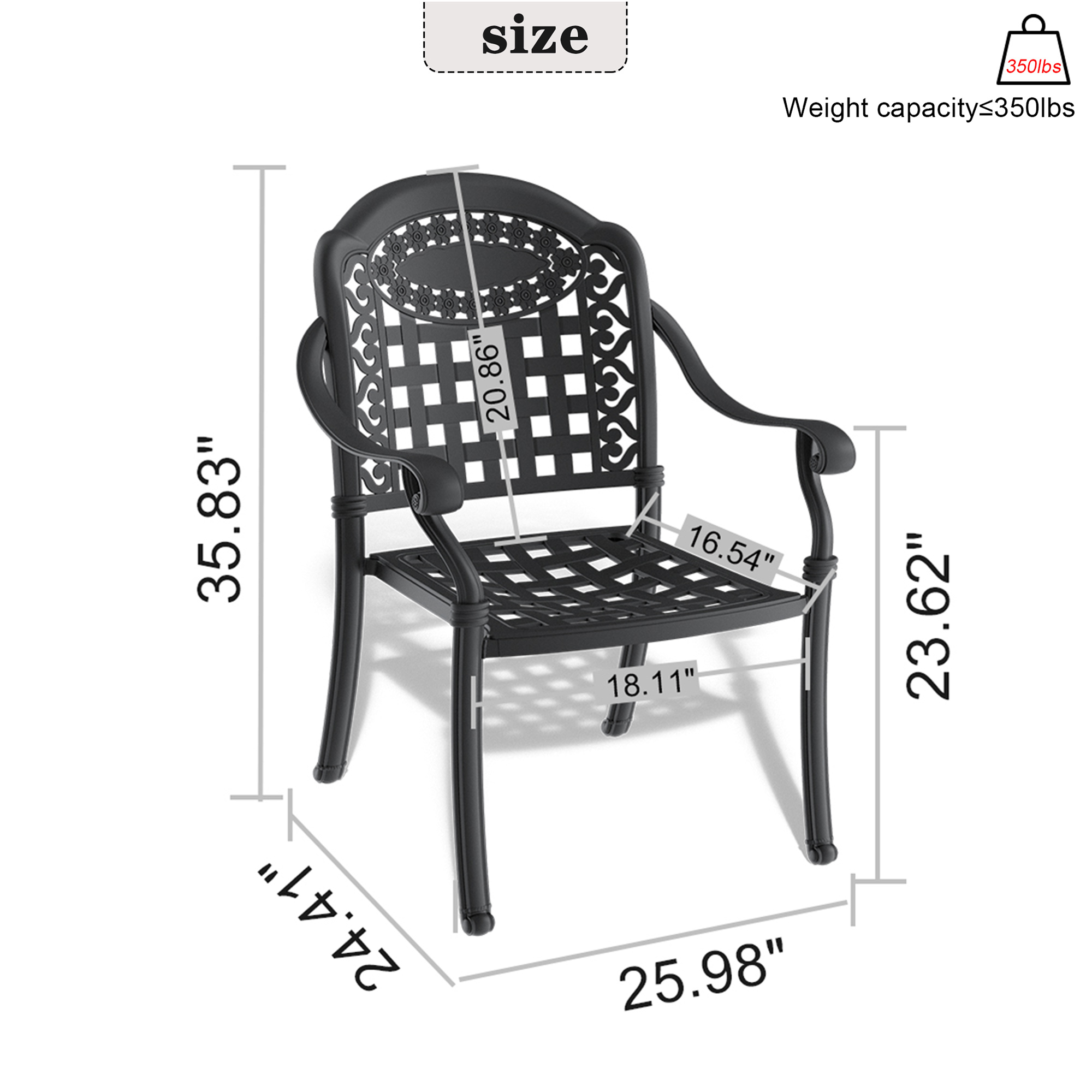 Cast Aluminum Patio Dining Chair 2PCS With Black Frame and Cushions In Random Colors